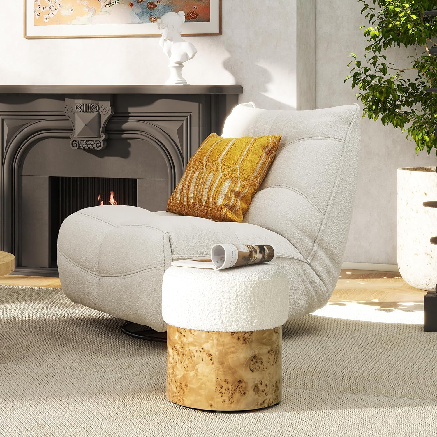 Nebula Round Burl Wood Upholstered Ottoman, Ivory White Boucle
