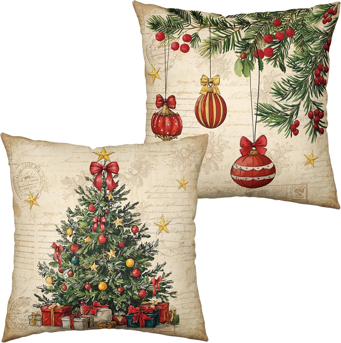 Retro Christmas Pillow Covers Xmas Tree Vintage Decorative Throw Pillow Covers 18x18 Set of 2 Pine Tree Holly Berry Pillow Case Cushion Case for Holiday New Year Decoration Couch Sofa