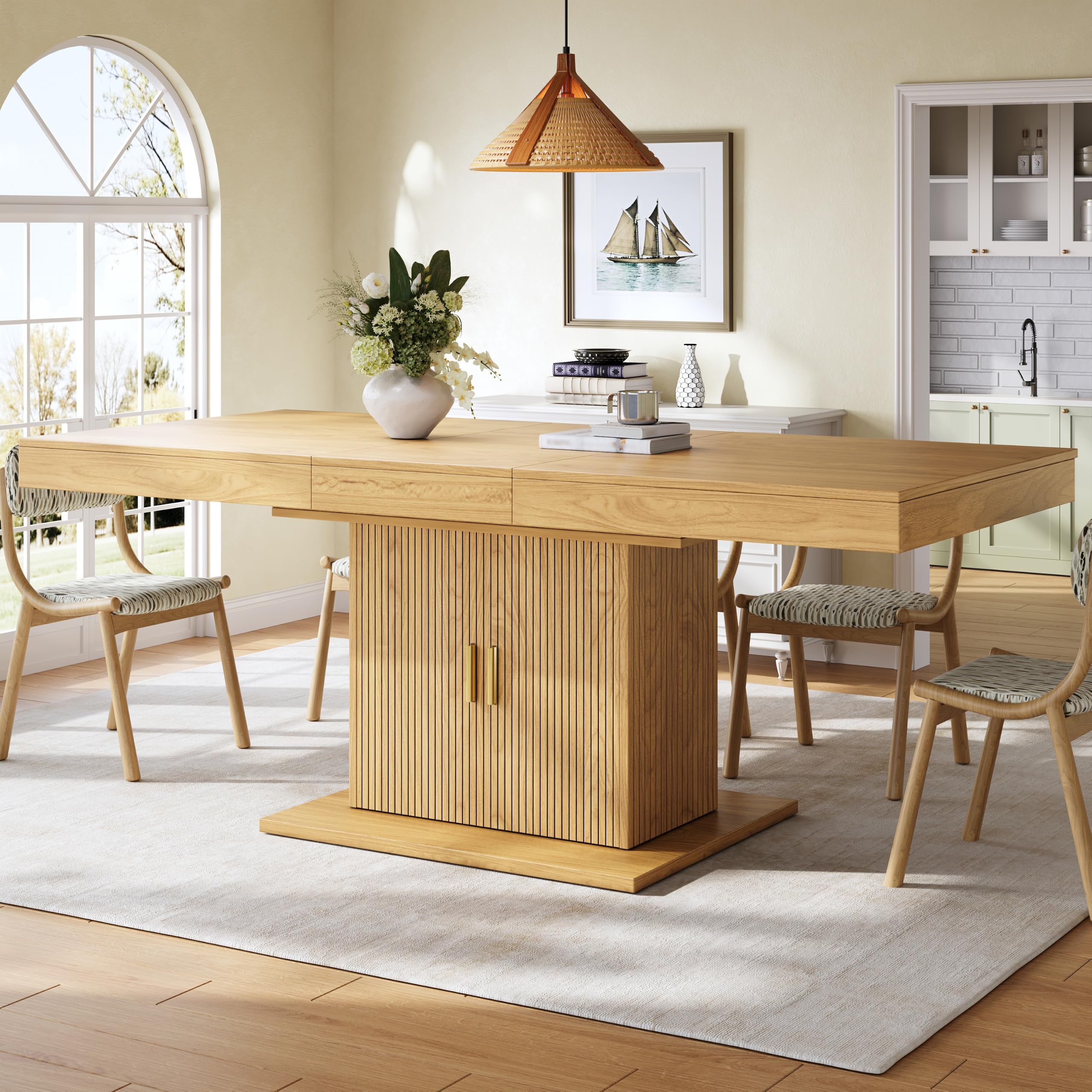 Mesa de comedor extensible con espacio de almacenamiento integrado de 140 a 180 cm, puertas estriadas verticales, estantes extraíbles, ahorro de espacio, para cocina, salón, roble claro