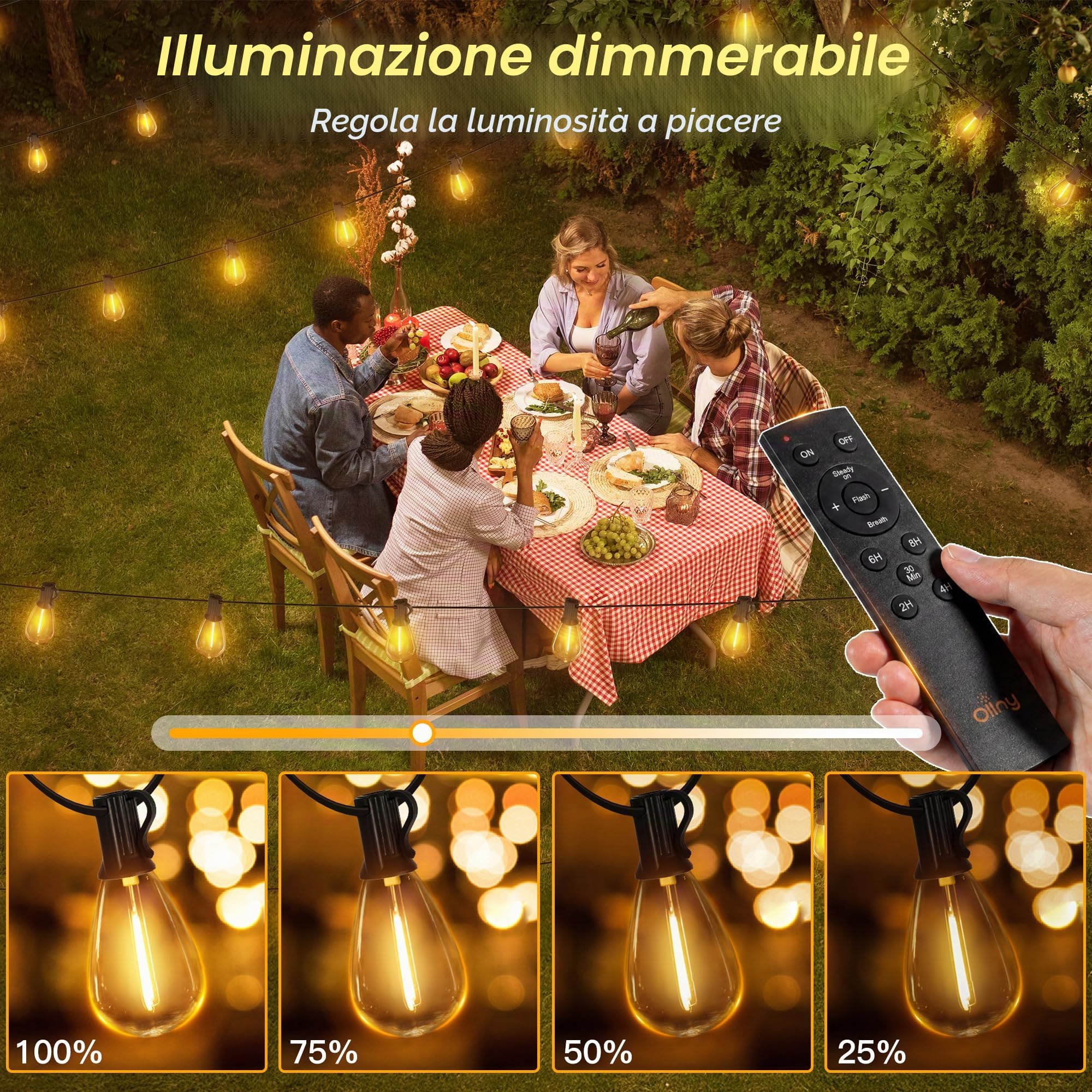 Ollny Ghirlanda di luci solari per esterni, 30 m, 35 + 2 lampadine LED, illuminazione solare S11 con telecomando, 3 modalità, funzione timer, impermeabile IP65, per giardino, balcone, campeggio