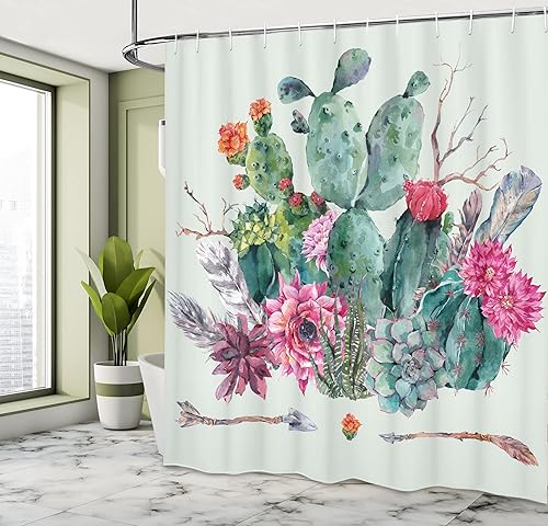 Miniatura 4 de Ambesonne Cortina de ducha de cactus, jardín de primavera, estilo bohemio, ramo de plantas espinosas, flores, flechas, plumas, juego de decoración