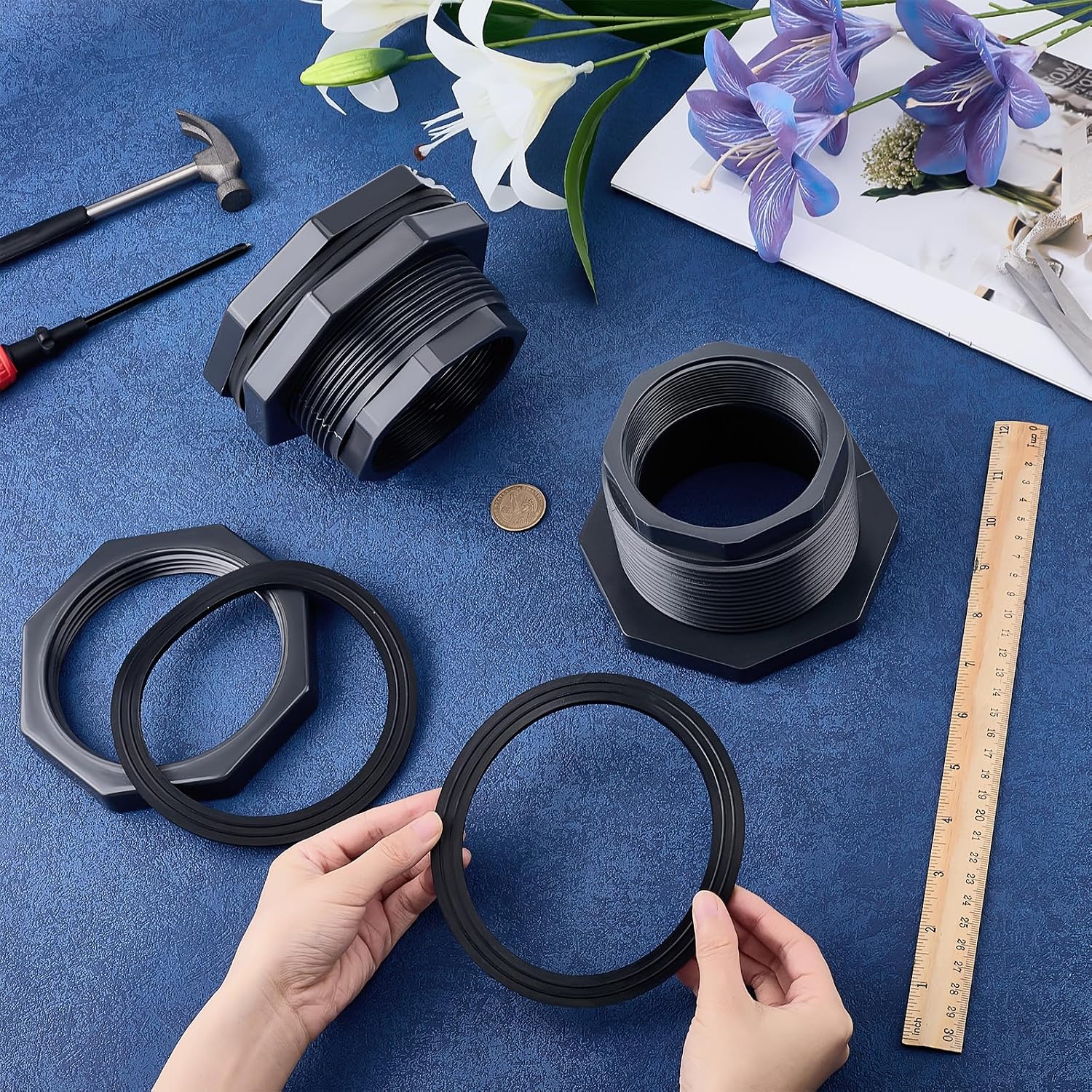 CUTHOLLOW 2Pcs 3 Inch Bulkhead Fitting PVC, Heavy Duty Water Tank Connector with Reinforced Seal, Female Thread Adapter for Aquariums, Pools, Ponds & Rain Barrels, Fits 4-1/2" Hole Saw