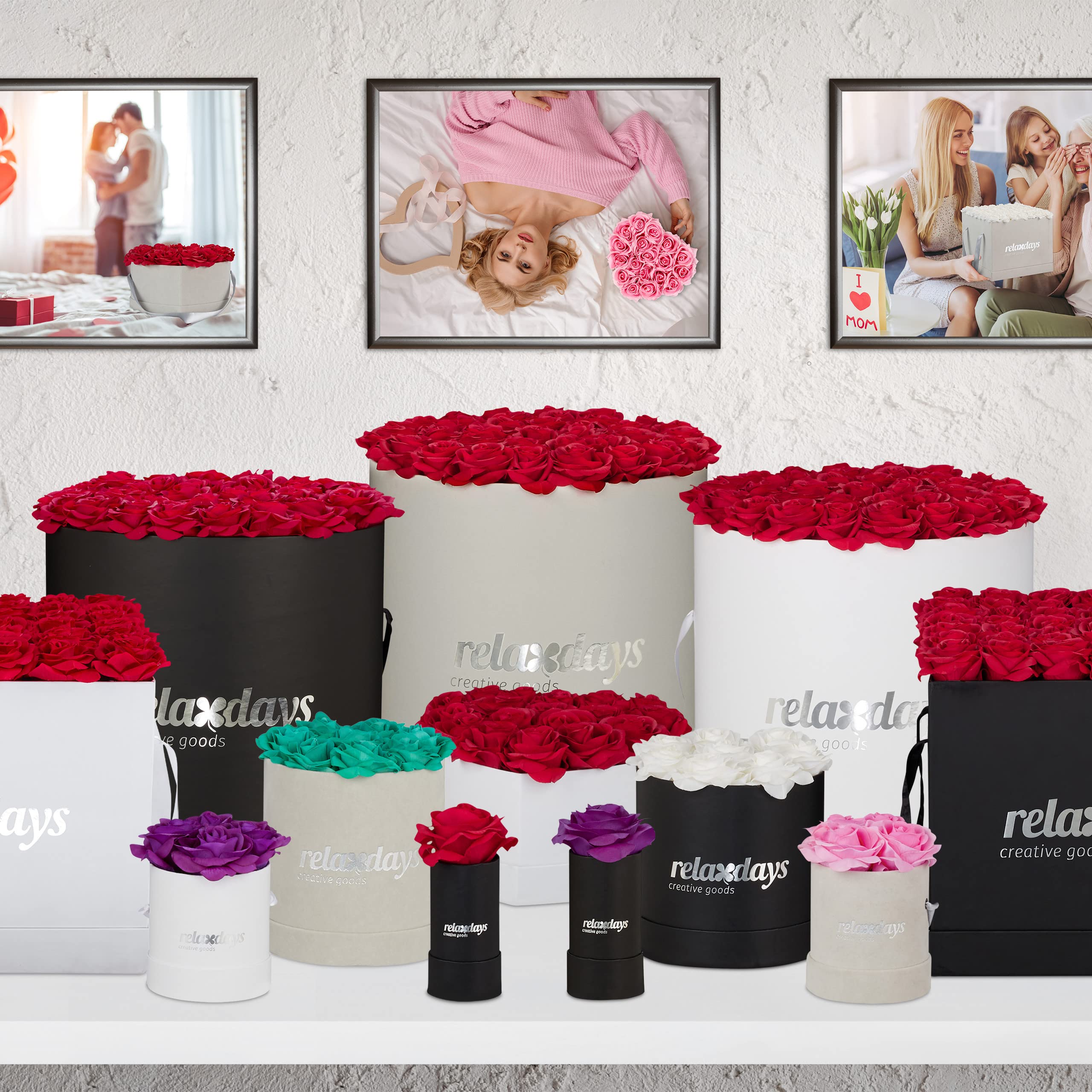 Relaxdays Rosenbox Herz, 18 Rosen, stabile Flowerbox schwarz, 10 Jahre haltbar, Geschenkidee, dekorative Blumenbox, rot, 13 x 21 x 19 cm