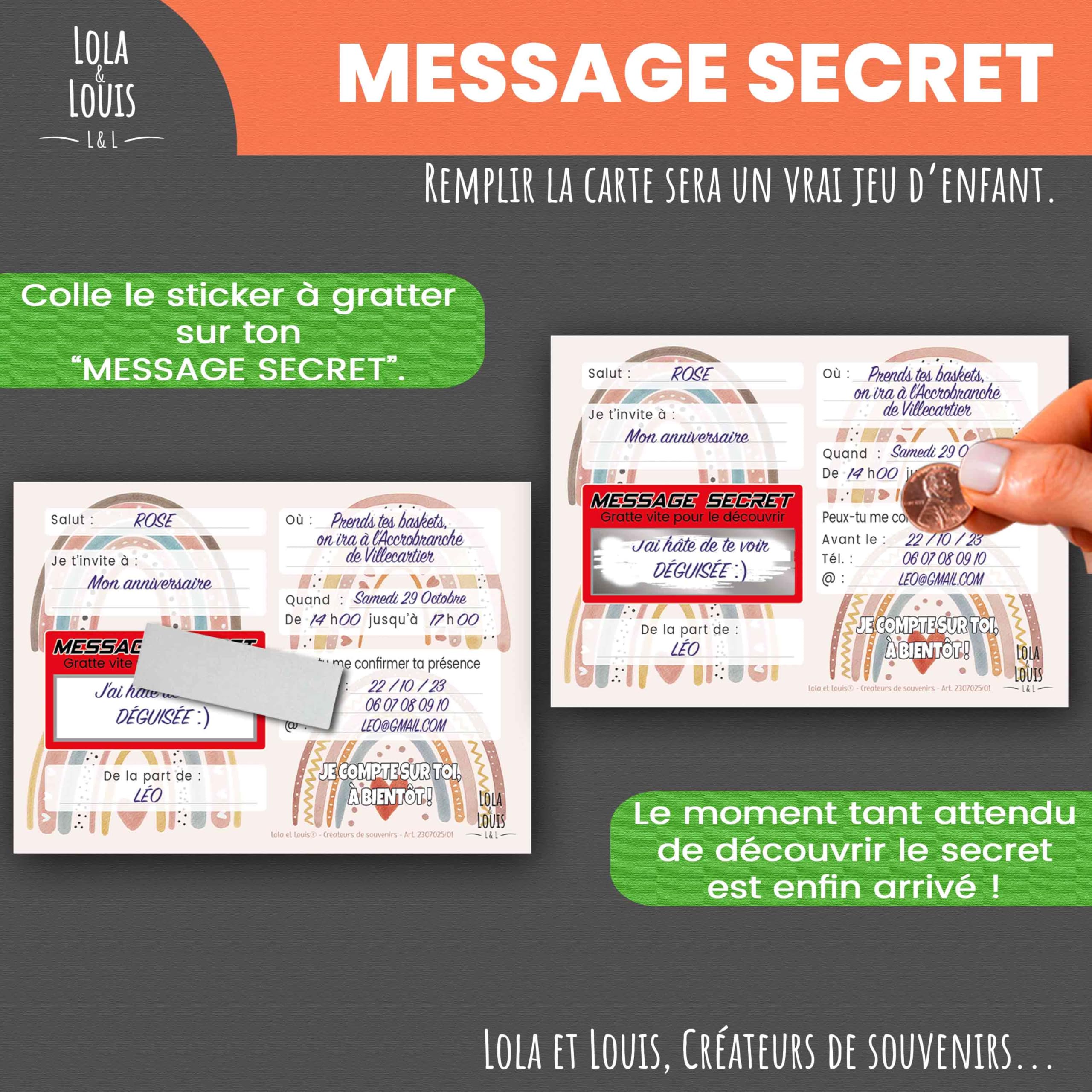 Kit Invitation Anniversaire Lola & Louis - 10 Invités - Message Secret à Gratter - Stickers - Suivi