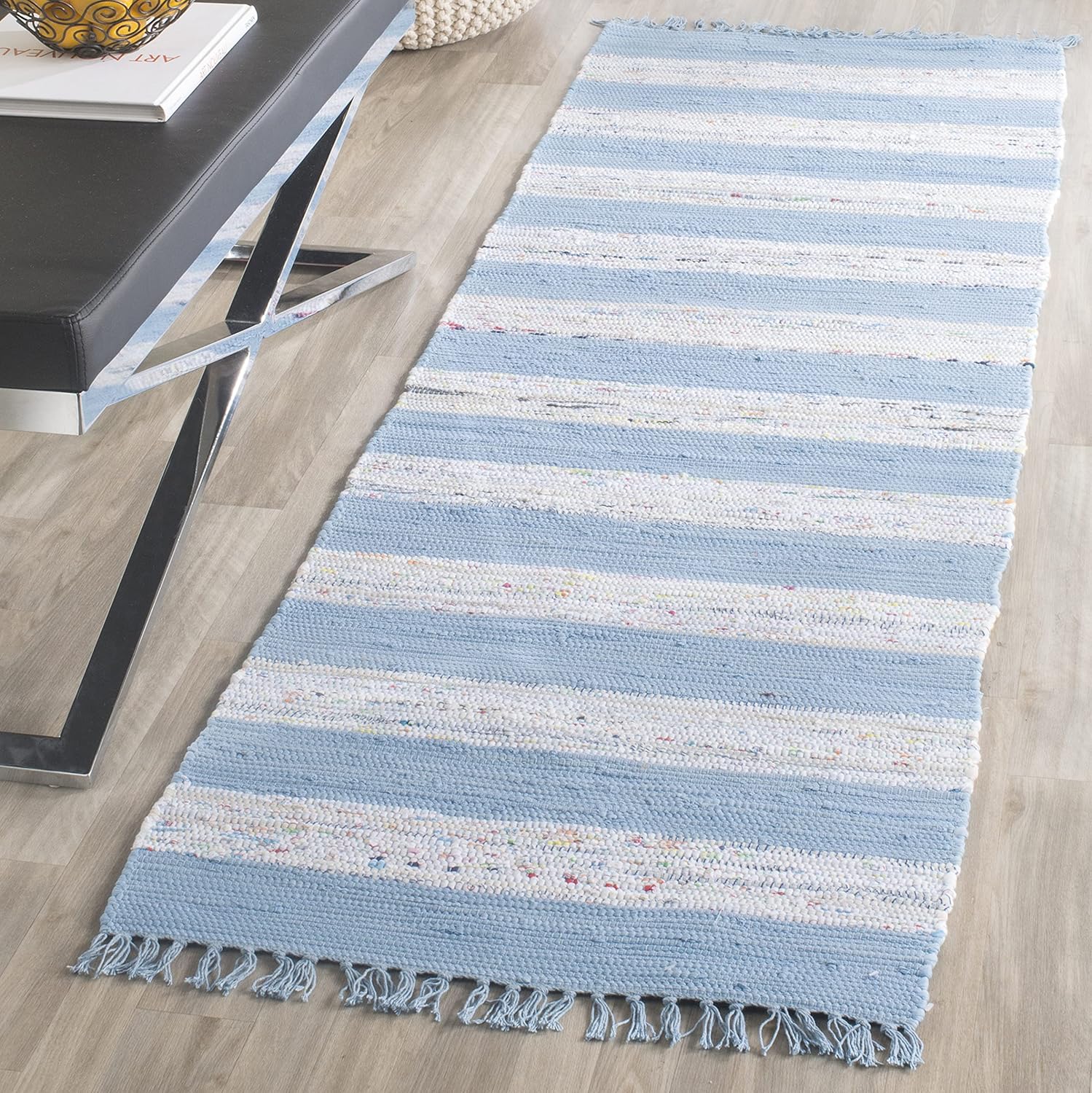SAFAVIEH Montauk Collection Runner Rug - 2'3" x 7', Ivory & Turquoise, Handmade Stripe Fringe Cotton, Ideal for High Traffic Areas in Living Room, Bedroom (MTK720C)