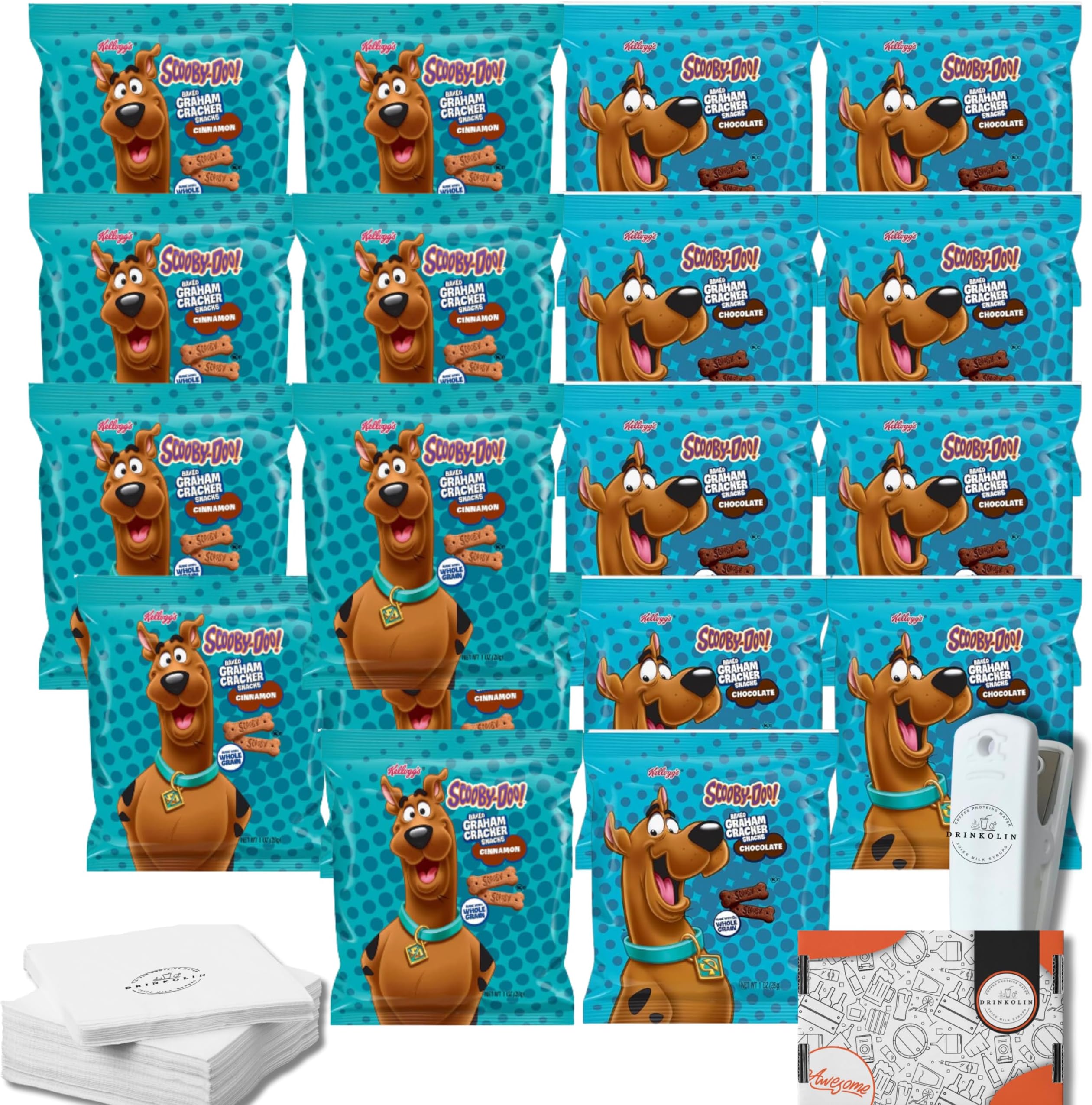 DRINKOLIN Scooby-Doo Graham Cracker Treats, Cinnamon and Chocolate Cookies- Baked Snacks, Lunch Snacks, (1 oz) Bulk - 18 pack with bag clip - By