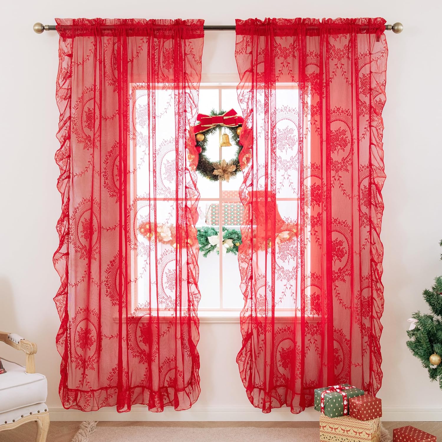 Red Lace Curtains 72 inch Length - 2 Panels Rose Floral Christmas Sheer Curtain, Rod Pocket Privacy Farmhouse Embroidery Curtains with Lace Edges for Living Room Bedroom 52 x 72 Inch