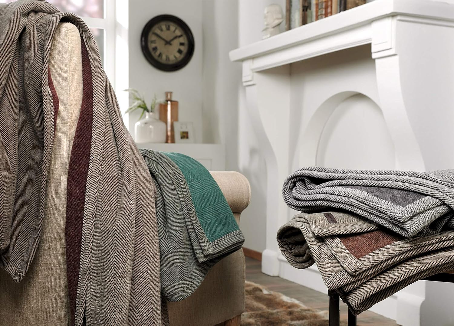 IBENA Reversible Classic Herringbone Tight Jacquard Woven Warm Velour Blanket Throw Aberdeen - Forest Green