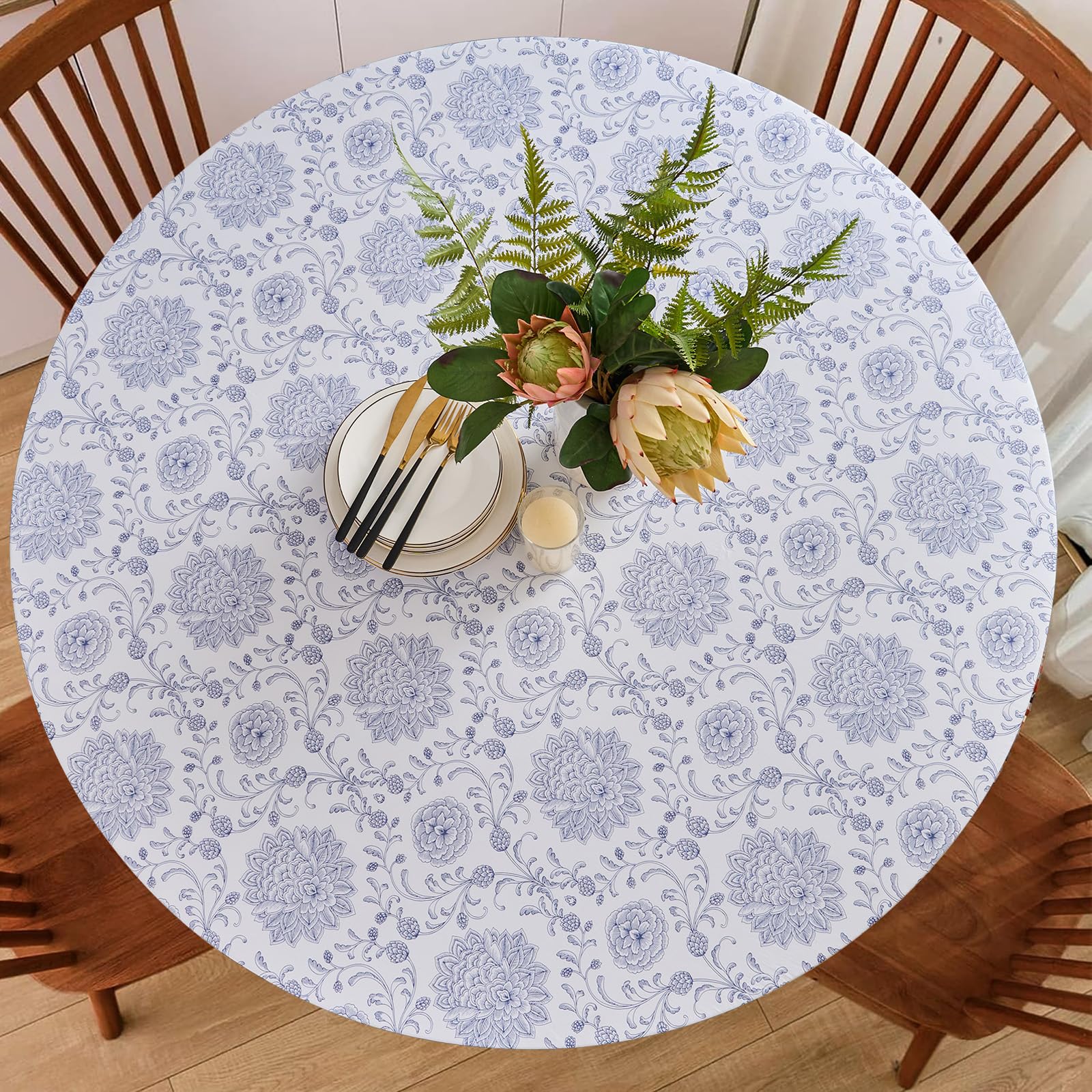 Photo 1 of Round solid color printed tablecloth with elastic flannel backing 36"