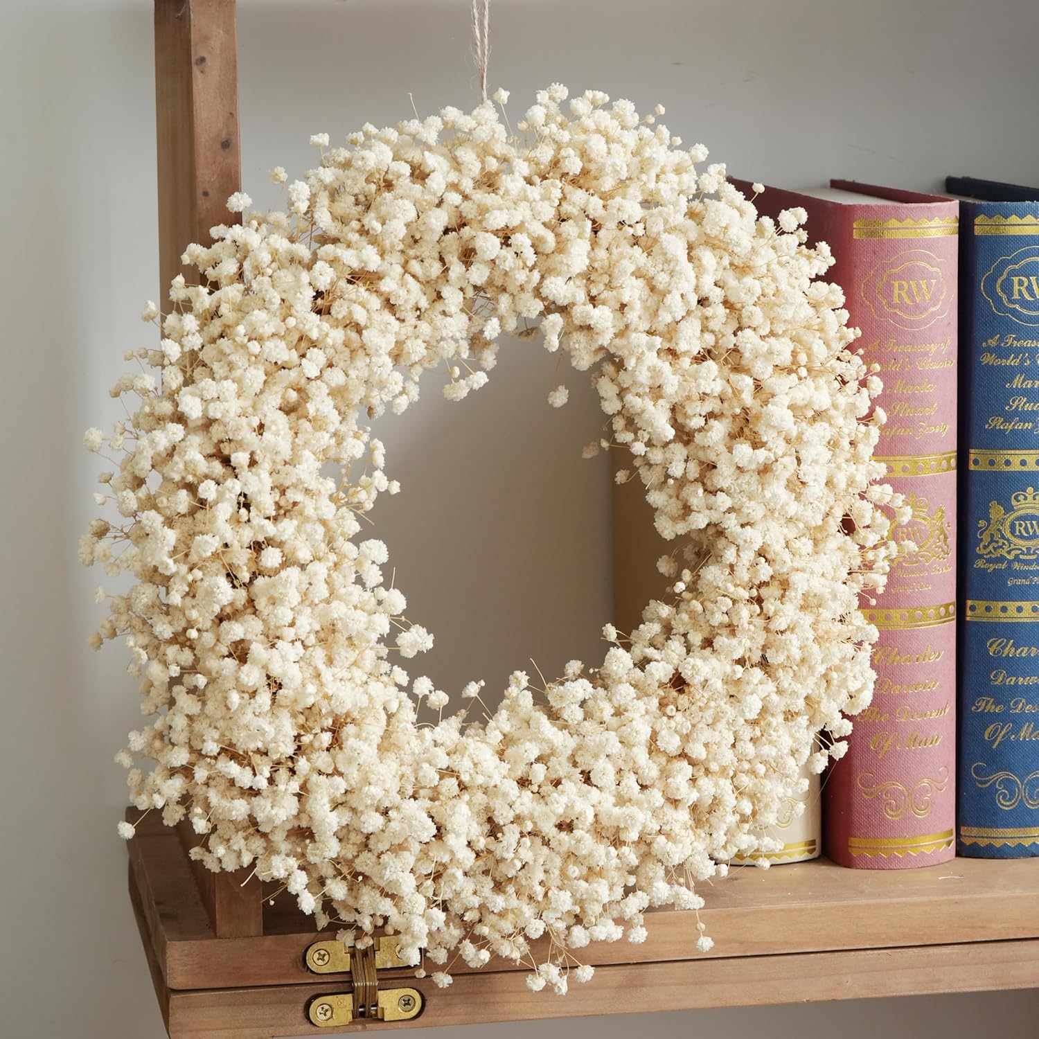 Ivory White Dried Baby's Breath Wreath - Medium-Sized Handmade Dried Flower Wreath, Real Natural Gypsophila Winter Wreaths for Front Door Window Wall Decor (14 inches)