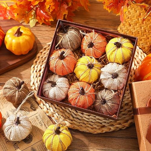 Miniatura 5 de 12 piezas de mini adornos colgantes de calabaza de otoño para árbol de 2.05 pulgadas, tela de arpillera, calabaza, Acción de Gracias, decoración