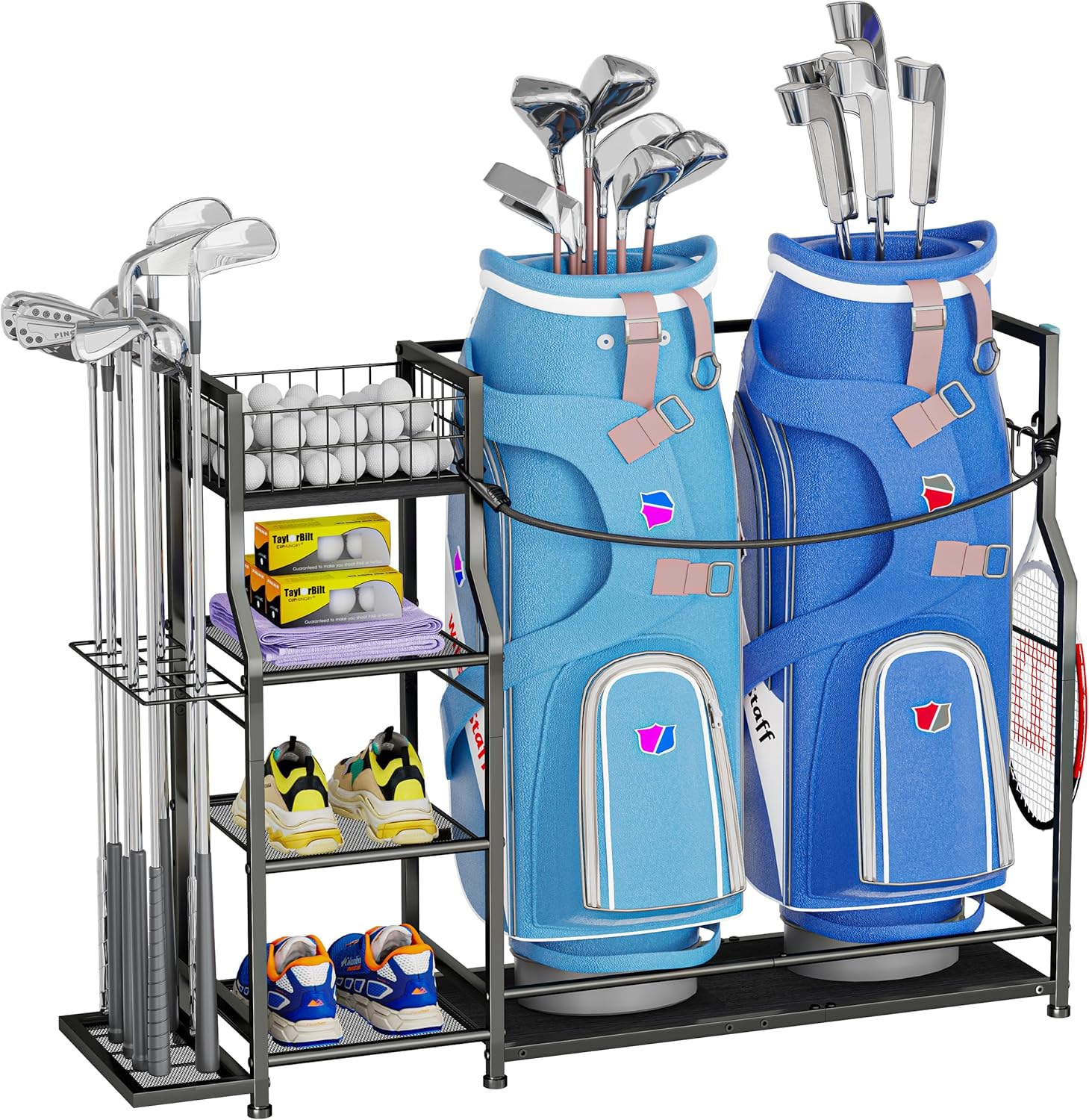 Golf Bag Storage Organizer for Golf Accessories, Golf Bag Stand with Extra Storage Rack for Golf Clubs & Golf Essentials, Golf Bag Holder for Garage Organization Fits 2 Bags, Metal & Wood Construction