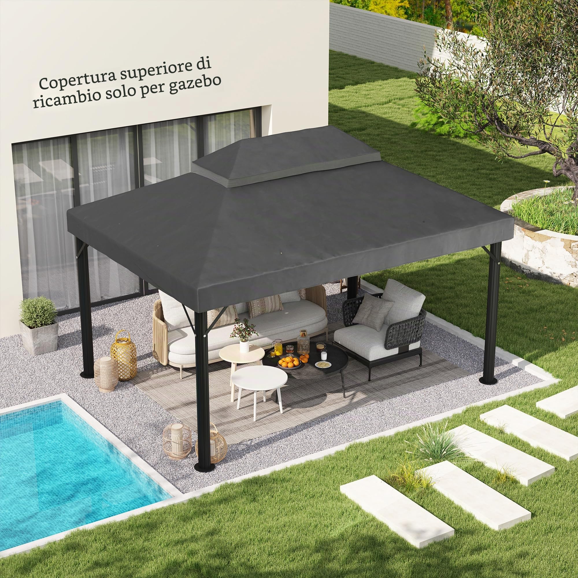 Outsunny Tessuto di ricambio per gazebo 4 x 3 m, doppio tetto con fori di drenaggio, poliestere ad alta densità 370 g/m², protezione solare UPF30+, SOLO SUPERFICIE INCLUSA, grigio scuro