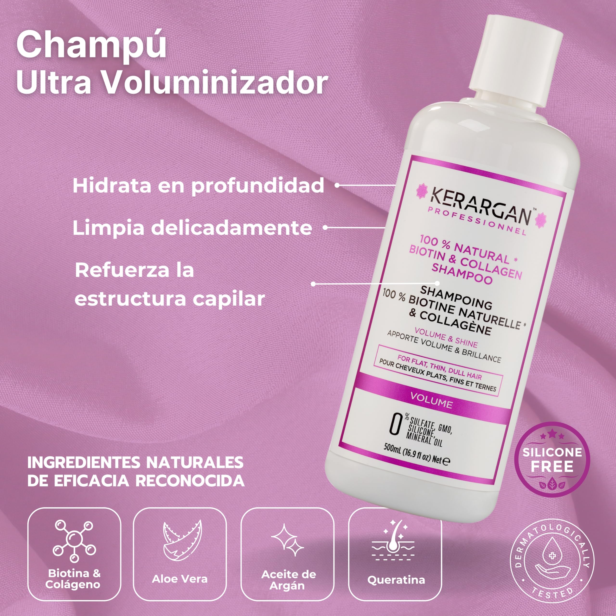 Kerargan - Conjunto Voluminizador Champú, Acondicionador, Mascarilla, Sérum & Leave-In con Biotina & Colágeno - para Cabello Fino y Sin Vida - Sin Sulfatos, OMG, Silicona - 3x500ml+1x100ml+1x350ml | Champú, acondicionador, mascarilla, sérum y cuidado sin