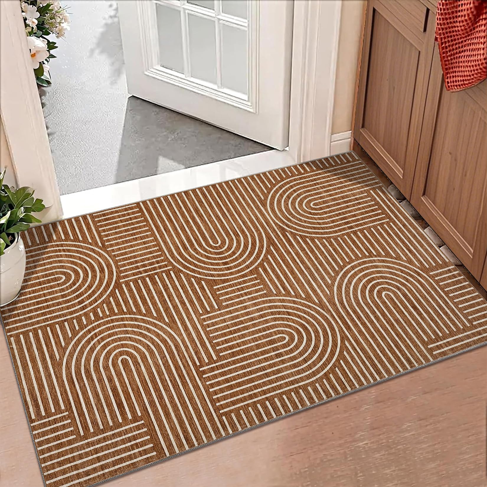 Photo 1 of ROYHOME Washable Rug 5x7 Area Rugs for Living Room, Abstract Rug for Bedroom, Soft Rainbow Non Slip Throw Rugs with Rubber Back, Low Pile Stain Resistant Boho Geometric Carpet for Dining Room, Copper
