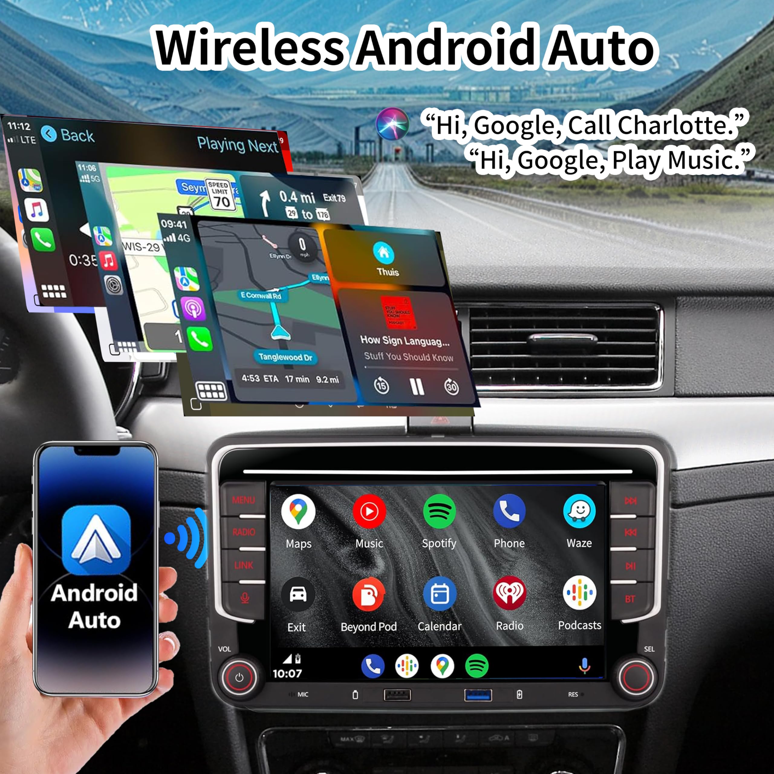 Schermo touch IPS 7 pollici Autoradio per Volkswagen, Seat, Skoda, CarPlay wireless & Android Auto, DSP equalizzatore 16 bande, Bluetooth 5.0, radio FM, compatibile con telecamera retromarcia