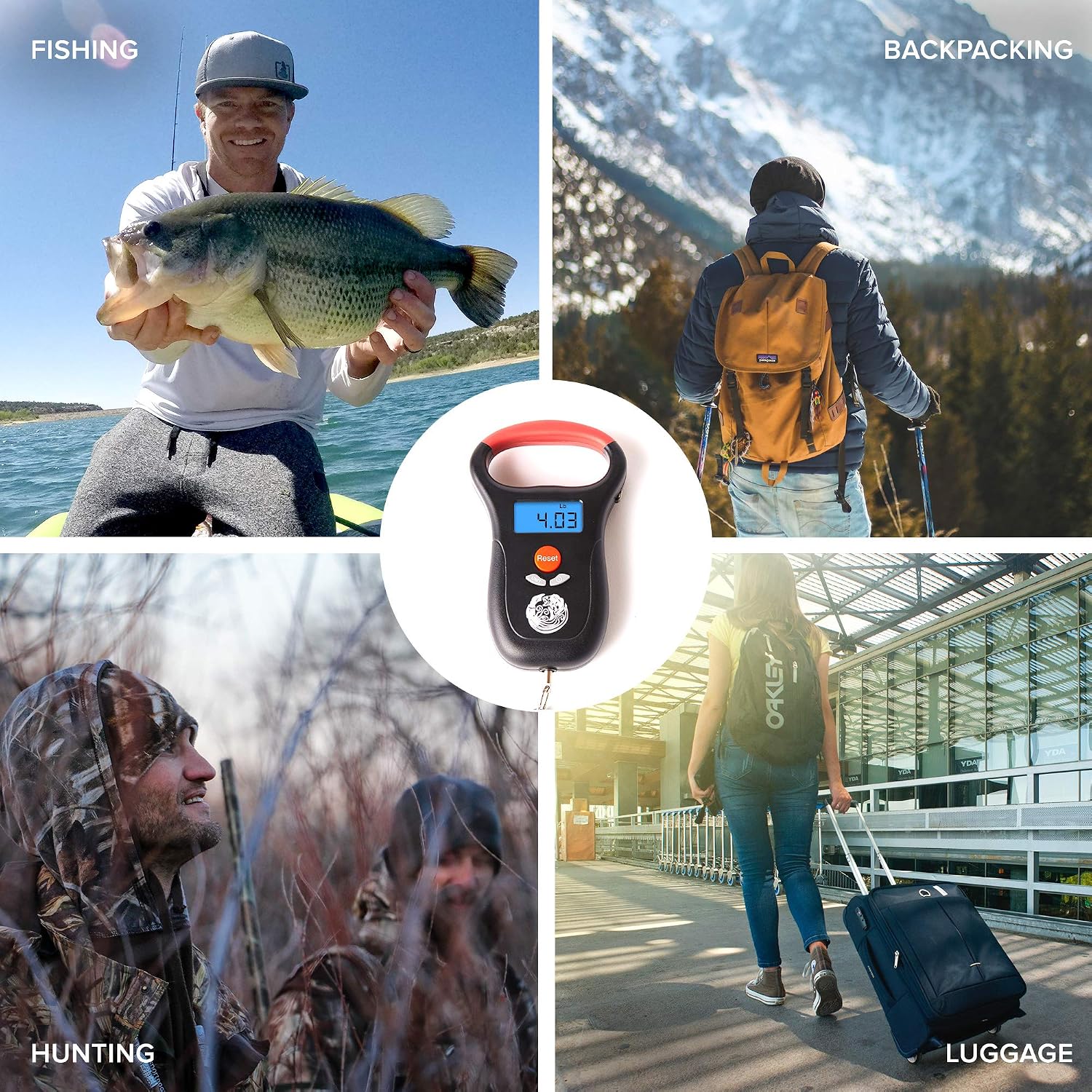 Collage of Kraken Bass Fishing Scale being used for fishing, backpacking, hunting, and luggage