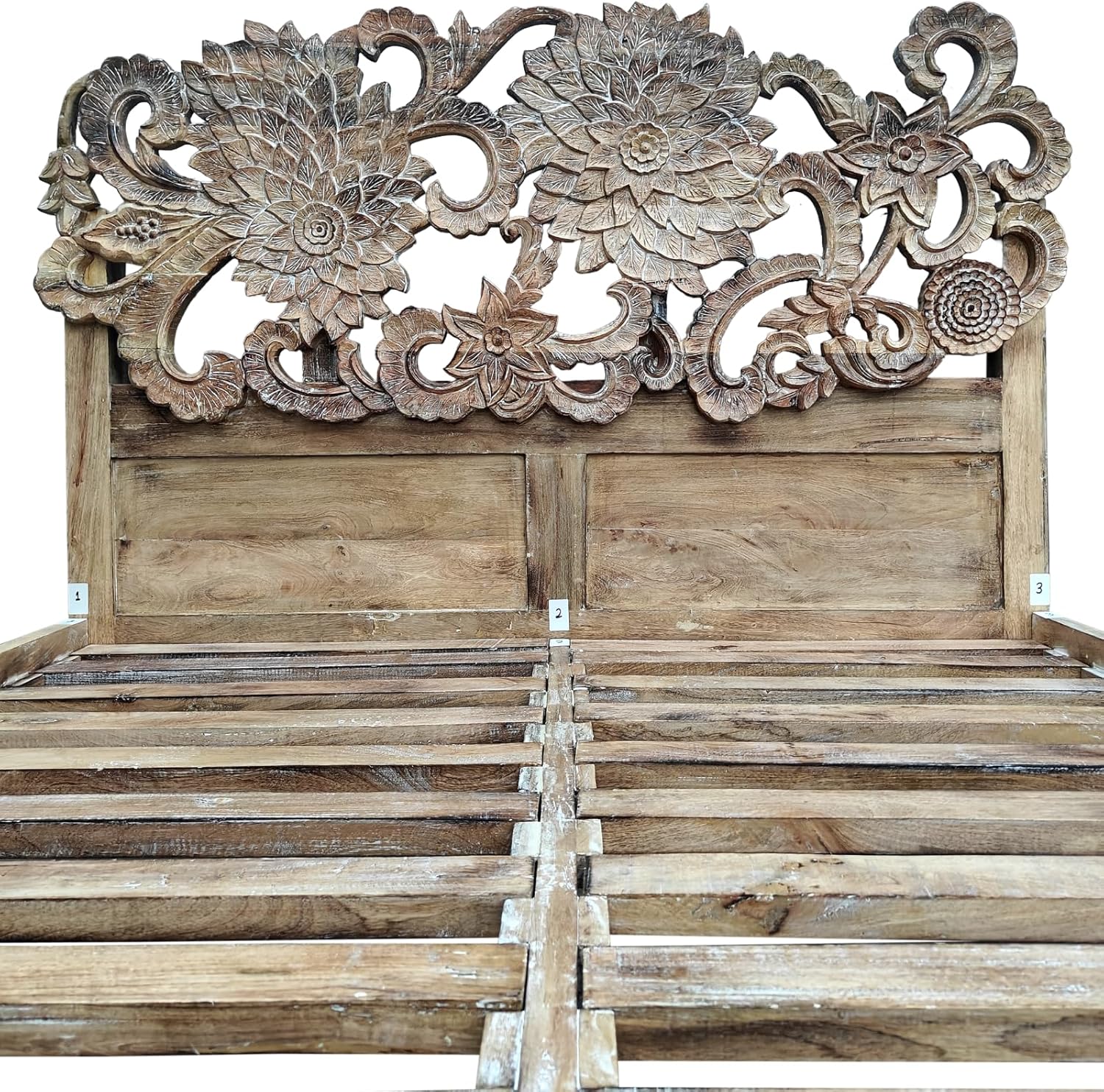 Handmade Carved Queen Size Bed Frame Solid Mango Wood Bohemian Carved Bed Frame with Natural Coastal Finish Sunflower Wood Slat Support Bed (Queen Size- W 60xL 80 inches)