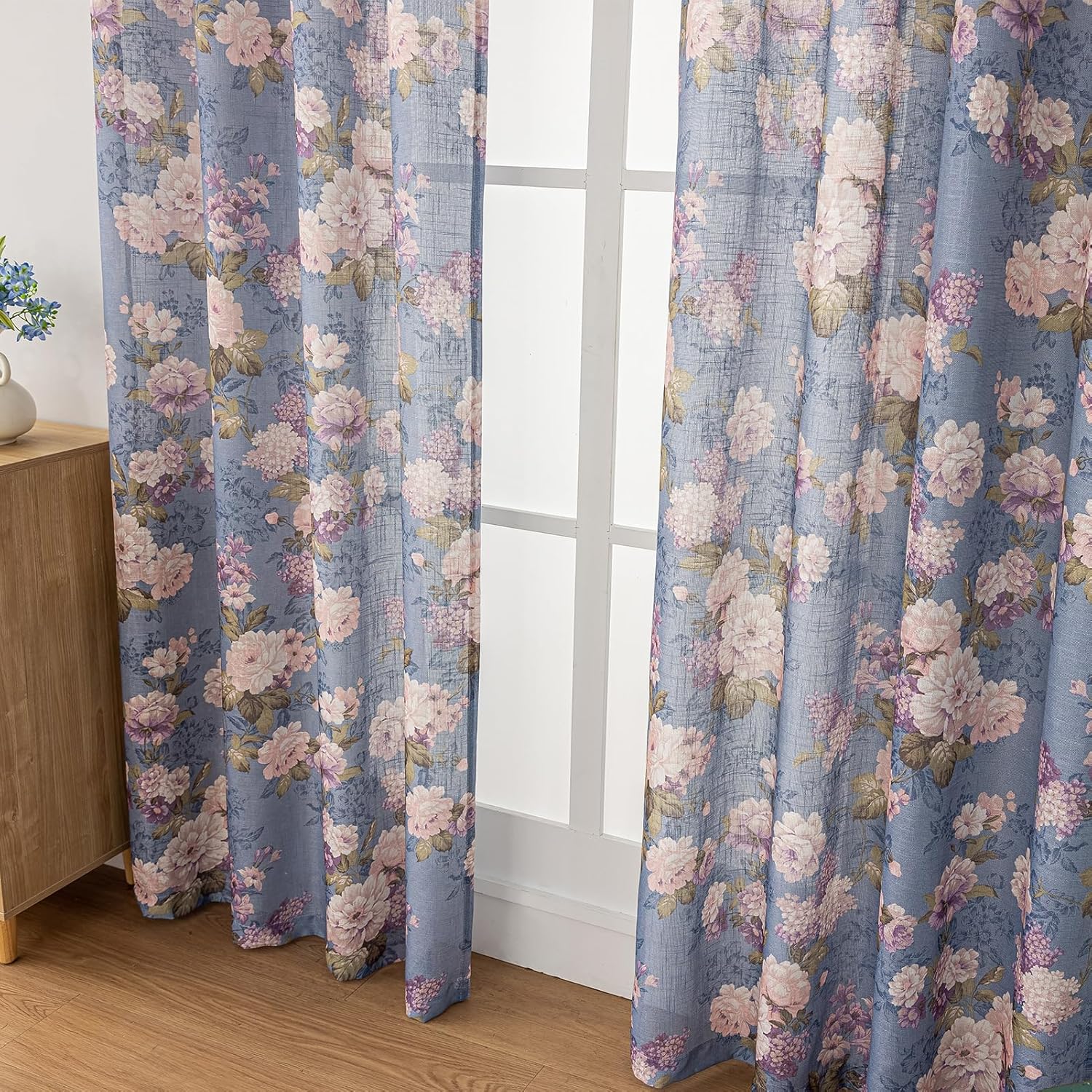 Blue Vintage Floral Semi-Sheer Curtains Linen Textured for Living Room 84 inches Long Rod Pocket Light Filtering Window Drapes for Dining Bedroom 2 Panels