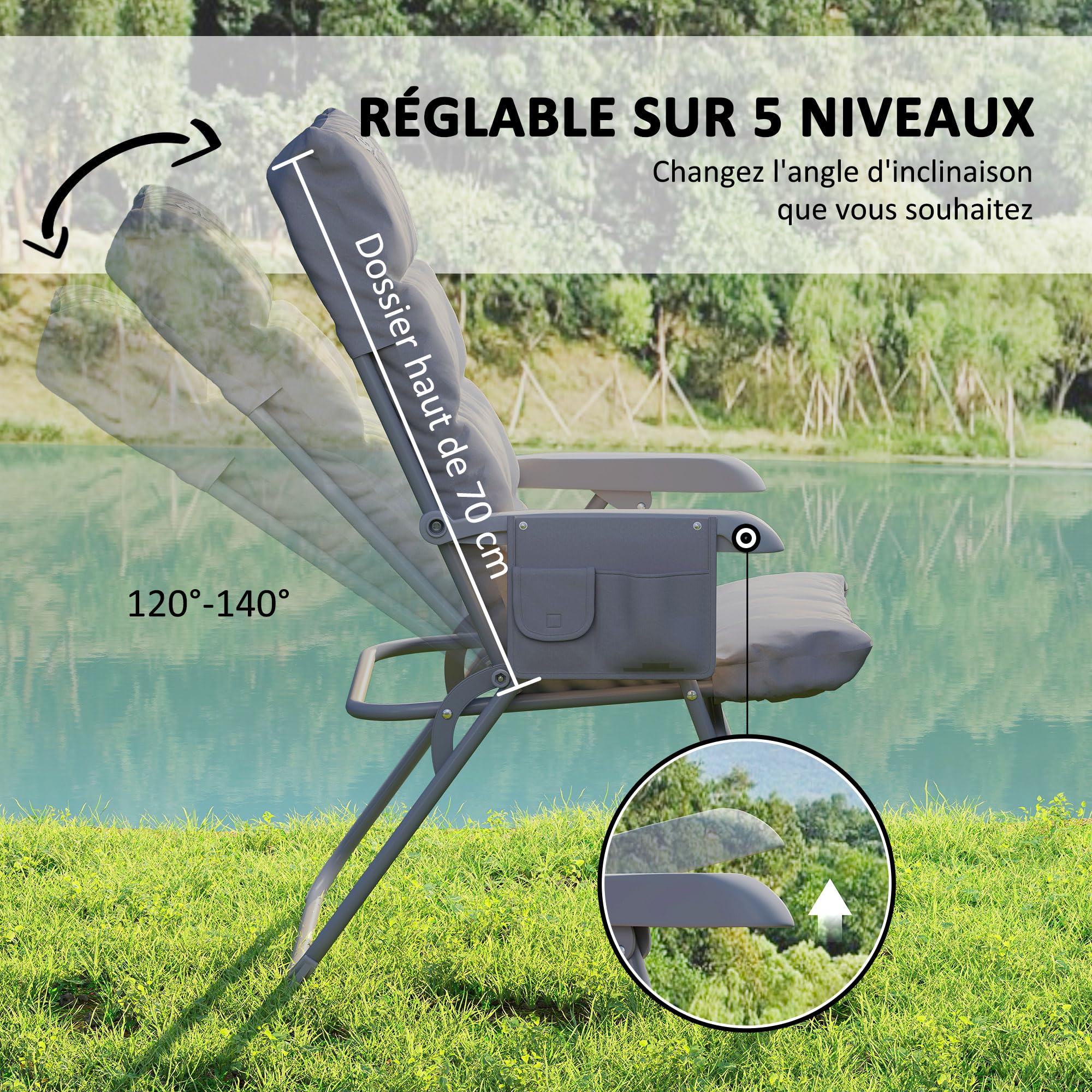 Outsunny Chaise Pliante Camping, Chaise de pêche avec siège rembourré, Dossier Haut réglable et Poches latérales, Fauteuil Pliant pour randonnée, pêche, Plage et Pique-Nique, Gris