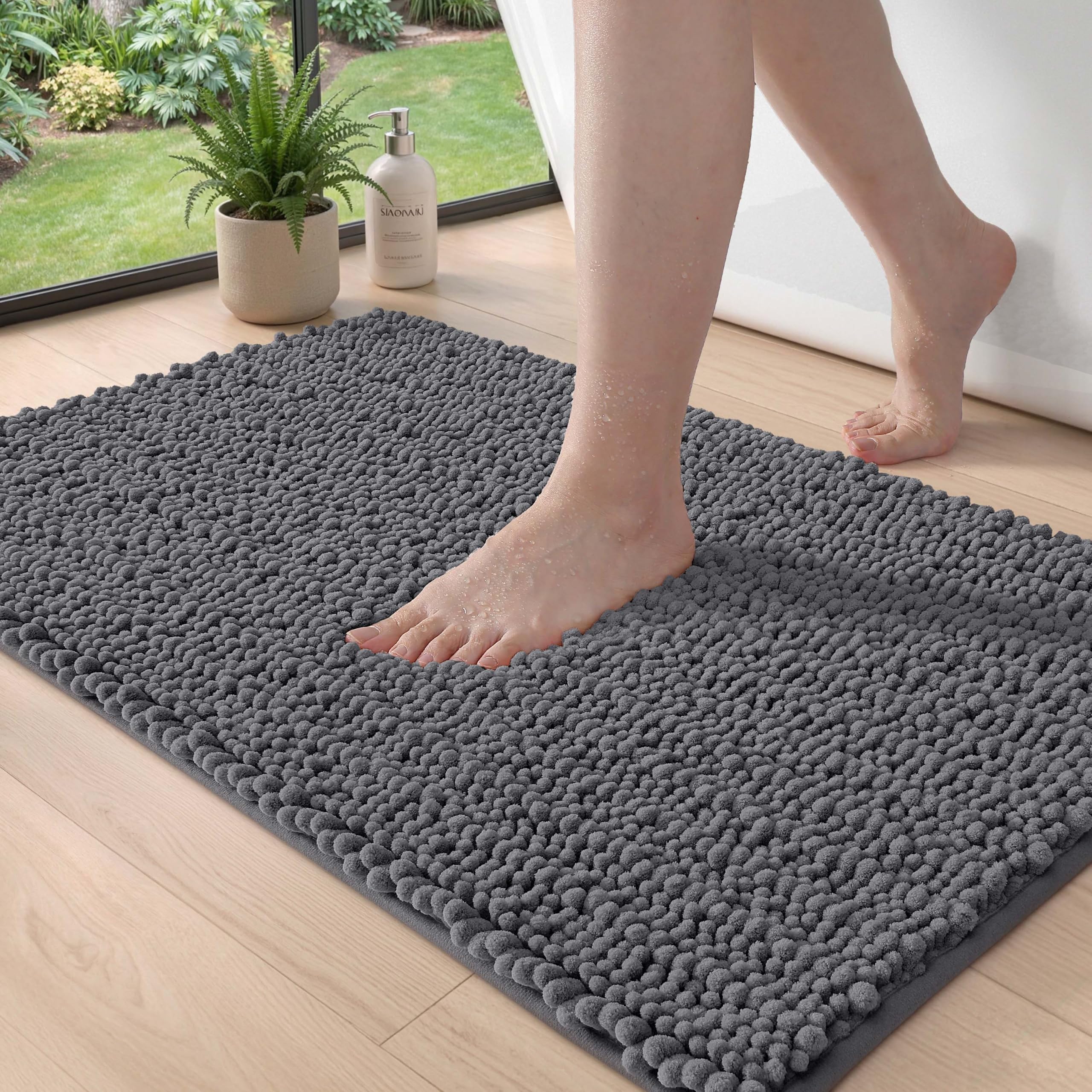 DEXI Tapis de Bain en Chenille 60 x 90 cm, Épais et Absorbant, Gris