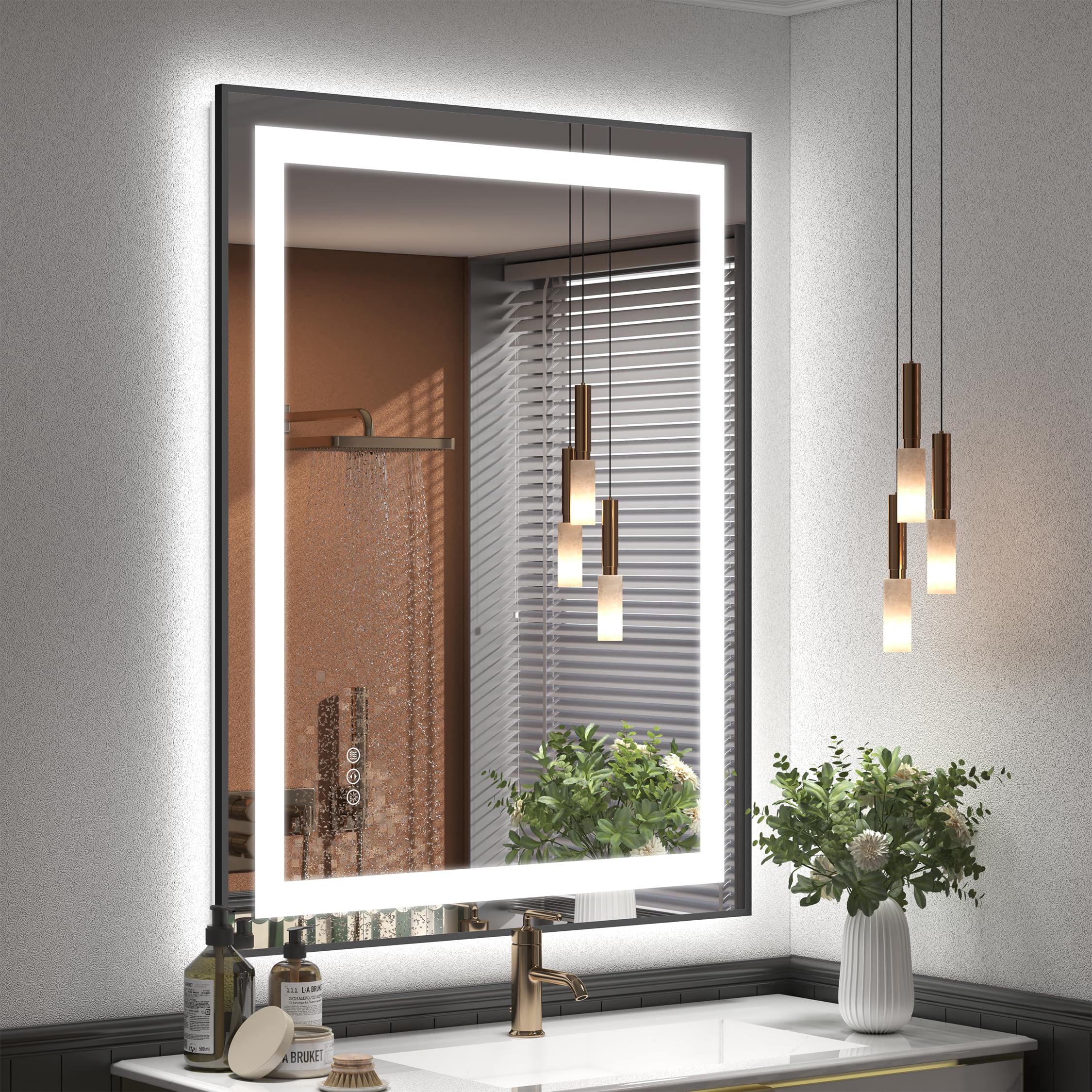 28x36 Inch Black Framed LED Lighted Bathroom Mirror