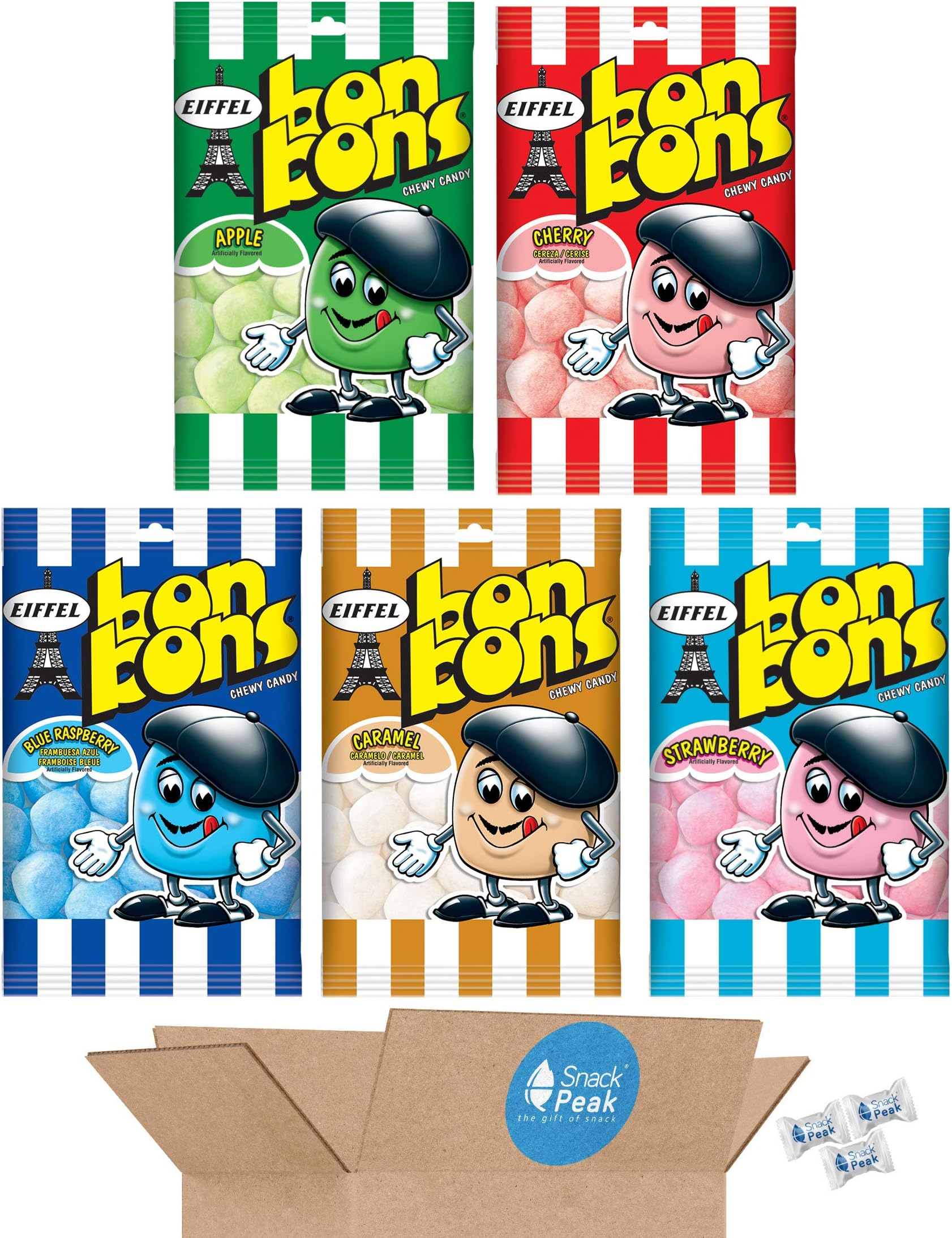 Eiffel Bonbons Snack Peak Variety Gift Box – 5 (4 oz) bags - Cherry, Caramel, Blue Raspberry, Apple, Strawberry