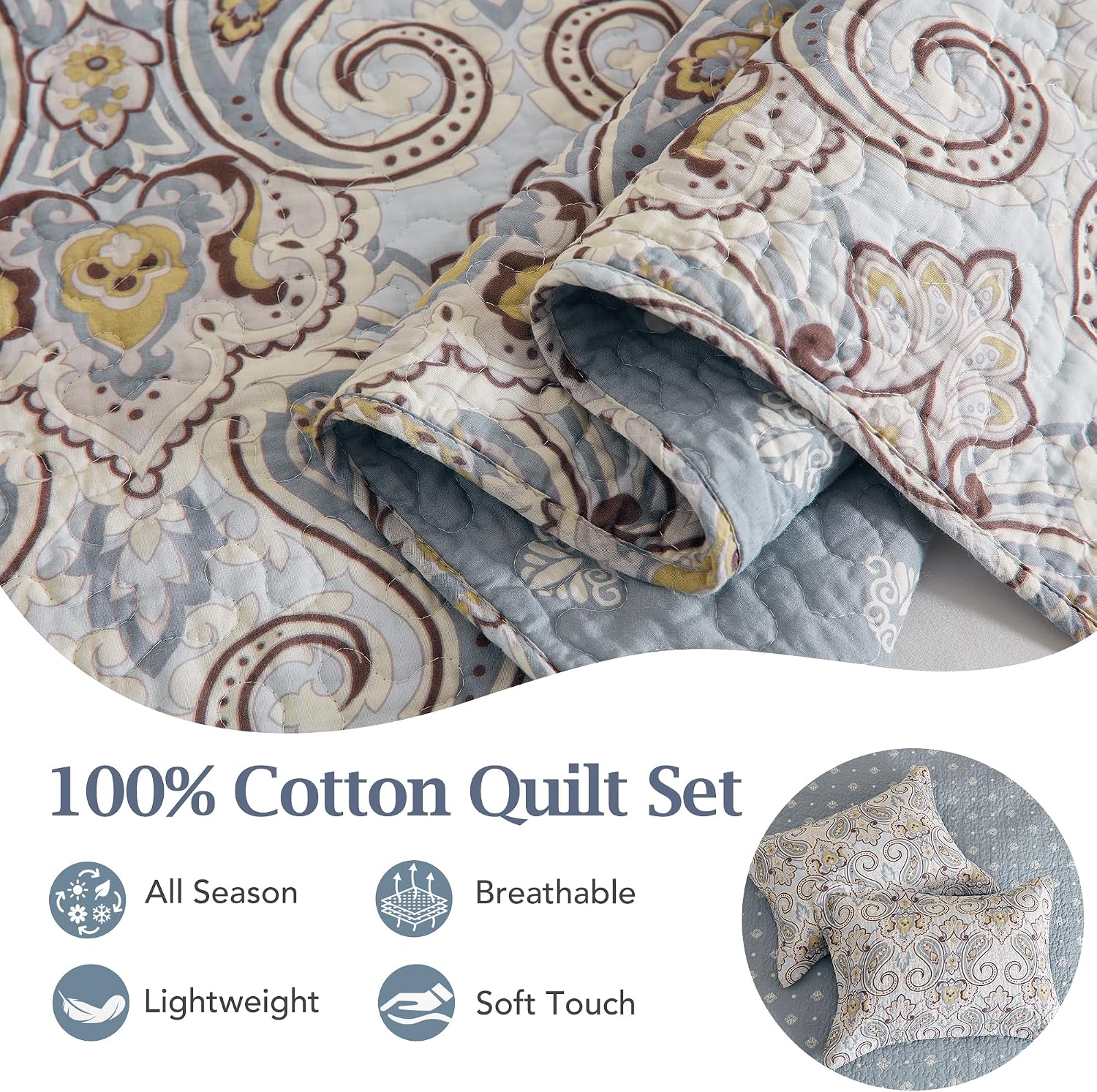 100% Cotton Queen Quilt Set – Blue Gray and Taupe Paisley Floral Bedspread, Reversible Lightweight Quilt Bedding Set with 2 Pillow Shams, All Season Coverlet, 90" × 98"