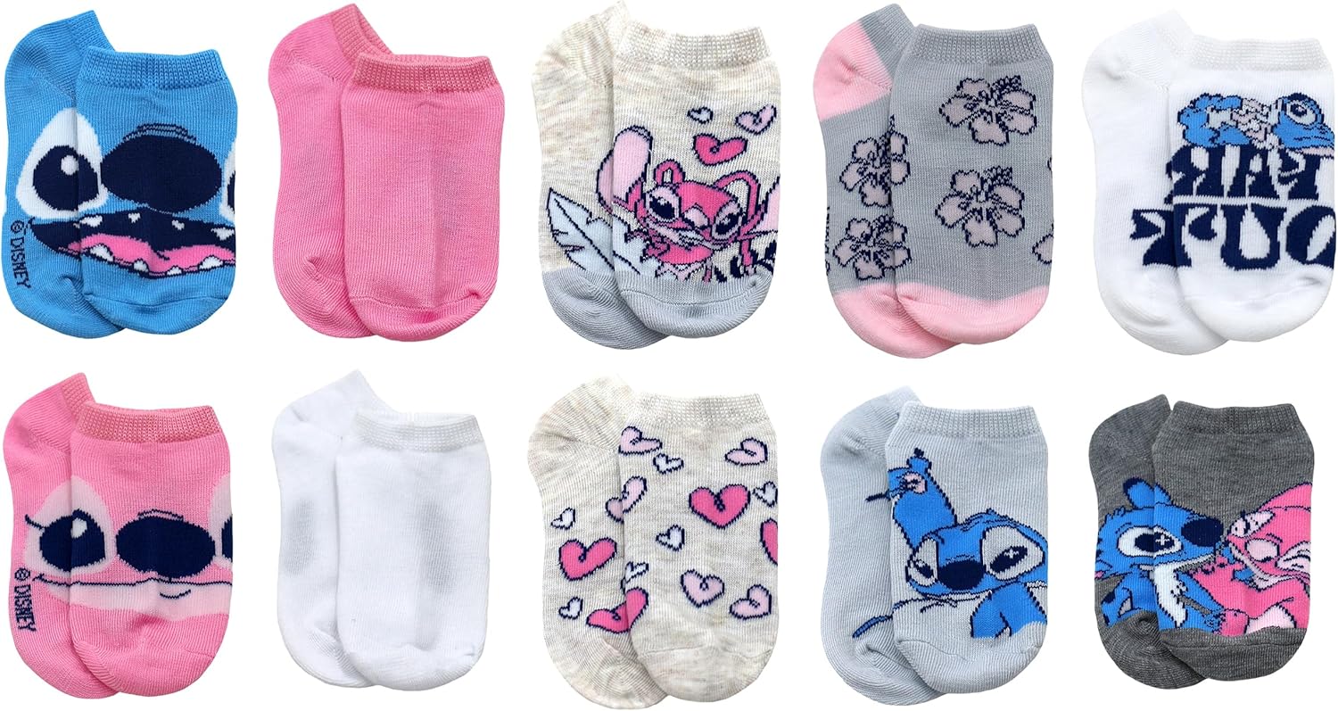 Socks for Girls, Lilo & Stitch 10 Pack No Show Sock Set for Kids, Toddler and Little Kids Shoe Sizes - Image 2