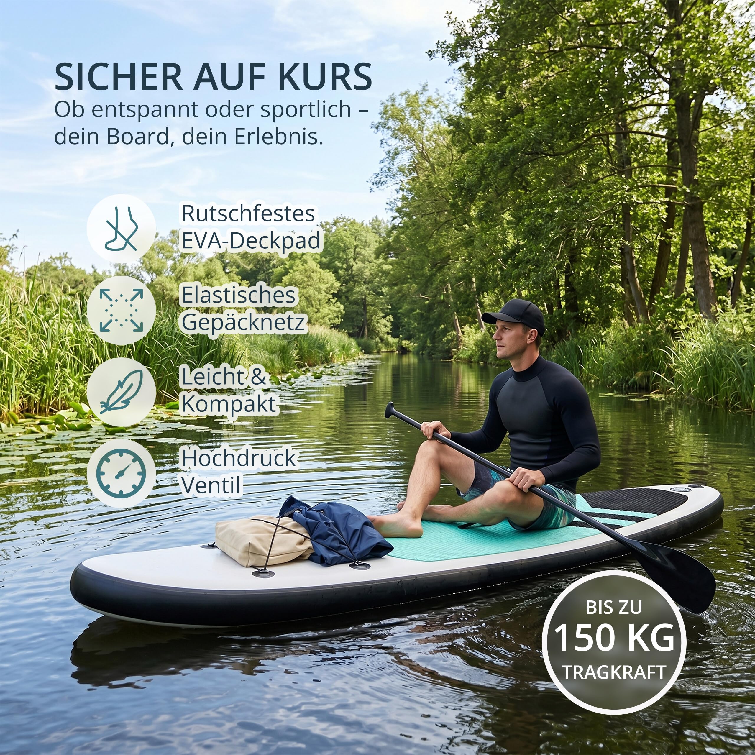 Relaxdays SUP Board aufblasbar, Set mit Paddel, Pumpe, Mehrfarbig | Paddelbrett, 150 kg, HBT: 15x80x320 cm, Drop-Stitch