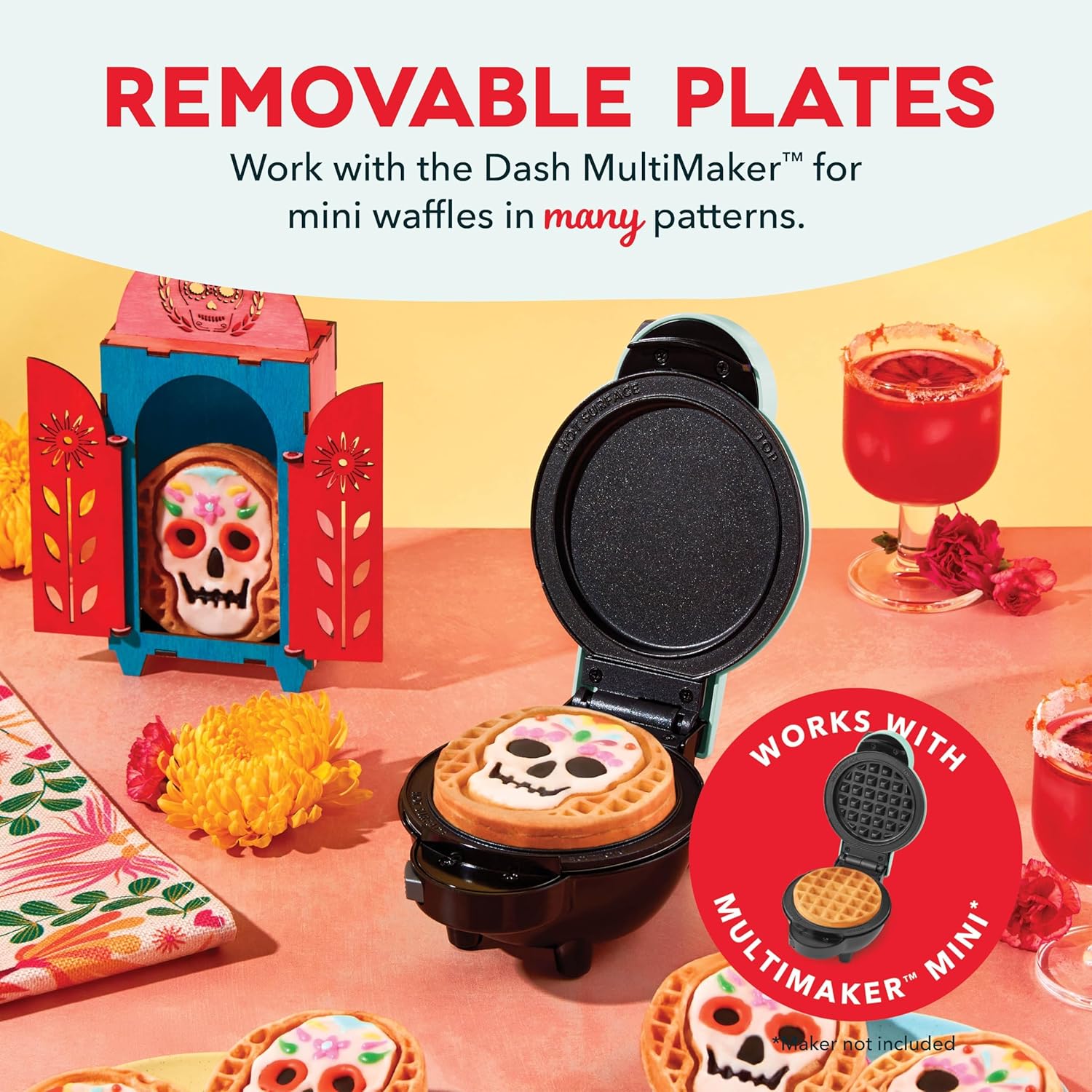 Dash MultiMaker® Mini System Removable Plate Set - Nonstick Replacement Plates for Halloween Waffle Breakfast - Waffle Maker Not Included - 4-Inch - Two-Pack - Skull & Jack-O-Lantern