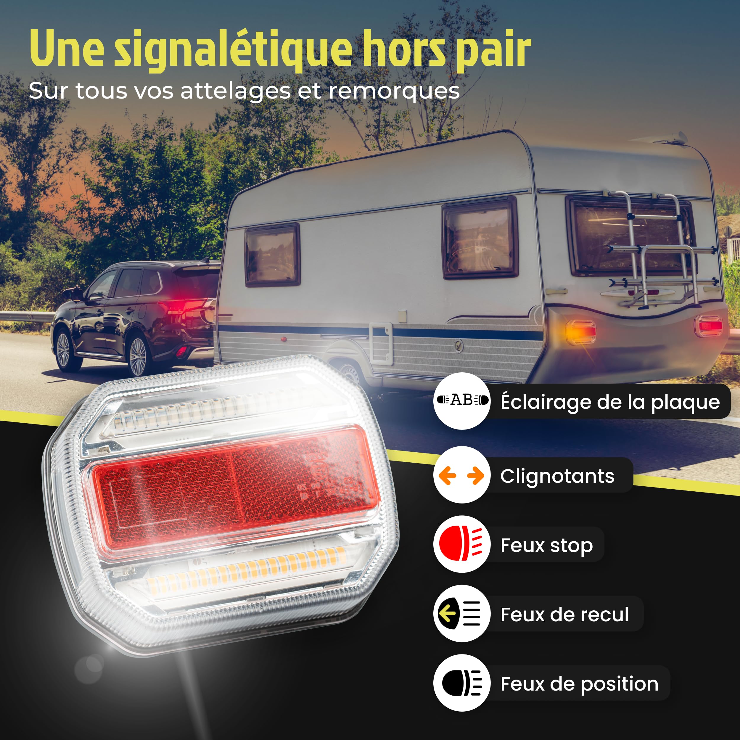 KIODEN - Feux de Remorque Led Sans Fil, Feux Arriere Remorque Etanche, Inclut Adaptateur 7 et 13 Broches, Fixation Magnétique Forte, Système Anti-chute, Feu Remorque Led