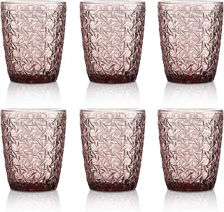 Joeyan Rosa Vasos de Agua con Relieve,Vasos de Vidrio Cristalería,Tazas de Agua para Soda Cóctel Té Jugo Bebidas Leche,10 oz,Juego de 6,Apto para Lavavaj