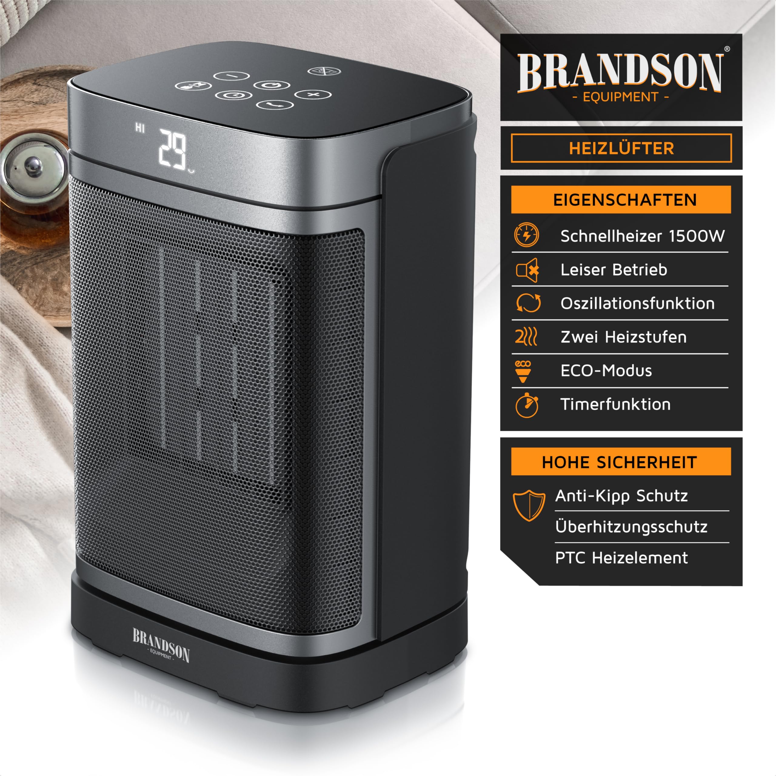 Brandson - Heizlüfter energiesparend leise - Oszillation - mit Fernbedienung - Preisträger - ECO Modus - 2 Stufen - Kindersicherung - Timer - Heizung Keramik Heater - Bad Wohnzimmer Büro Kinderzimmer