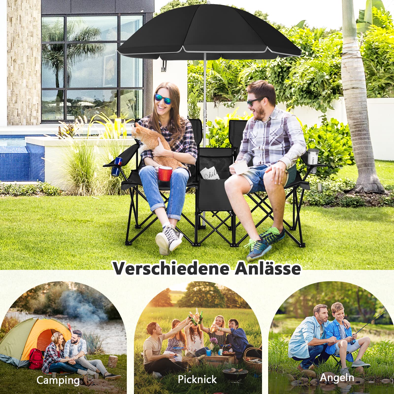 COSTWAY 2-Sitzer Campingstuhl mit Sonnenschirm, Kühltasche, Getränkehalter & Seitentasche, klappbarer Angelstuhl mit Tragetasche, Faltstuhl, Klappstuhl für Camping, Angeln, Picknick (Schwarz)