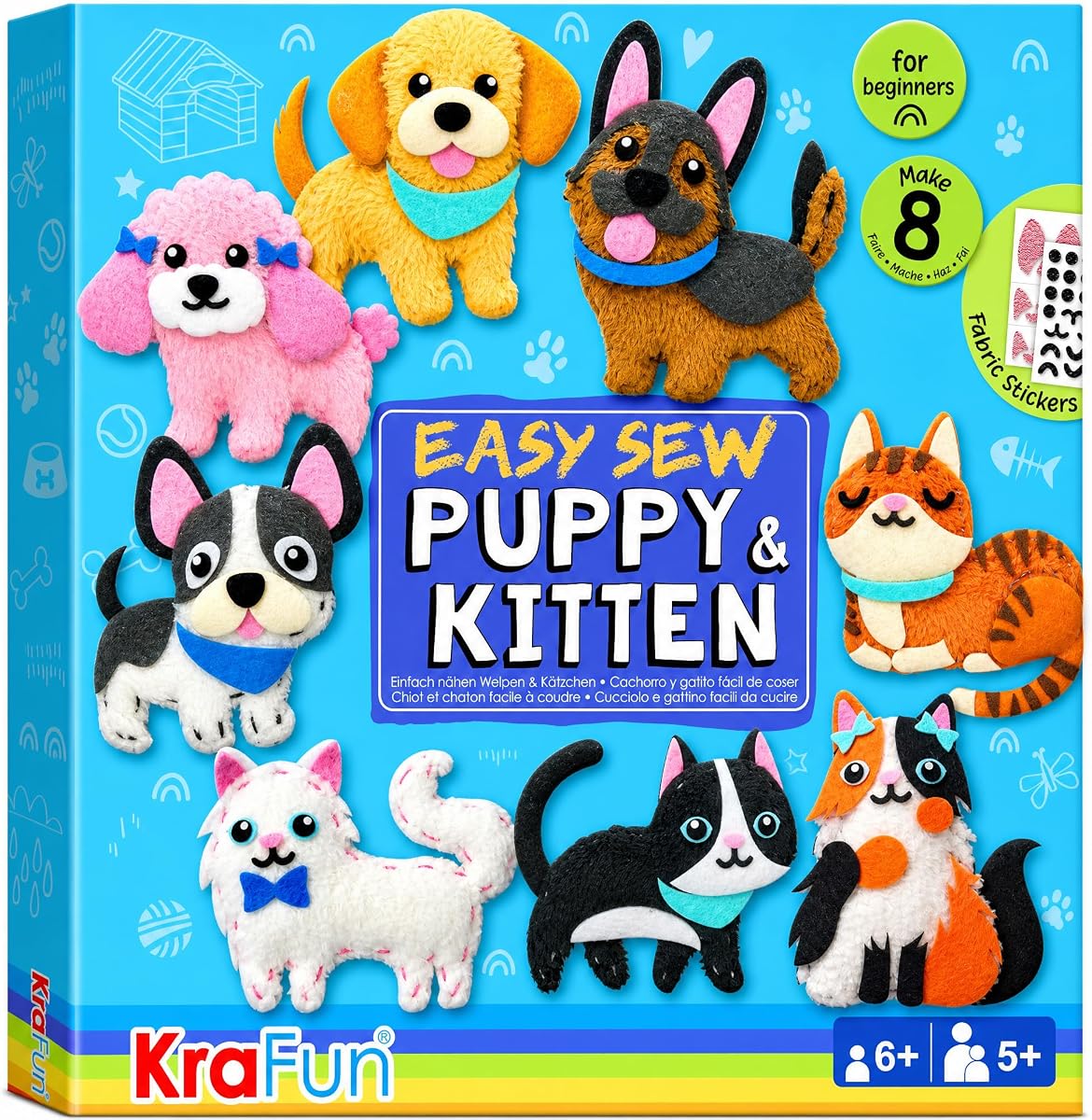 KRAFUN Kit de costura para cachorros y gatitos para niños a partir de 6 años | 8 muñecas | Cose 8 muñecos de peluche de perros y gatos. Instrucciones y fieltro incluidos. Gran regalo para principiantes para niñas y niños que aprenden a coser.