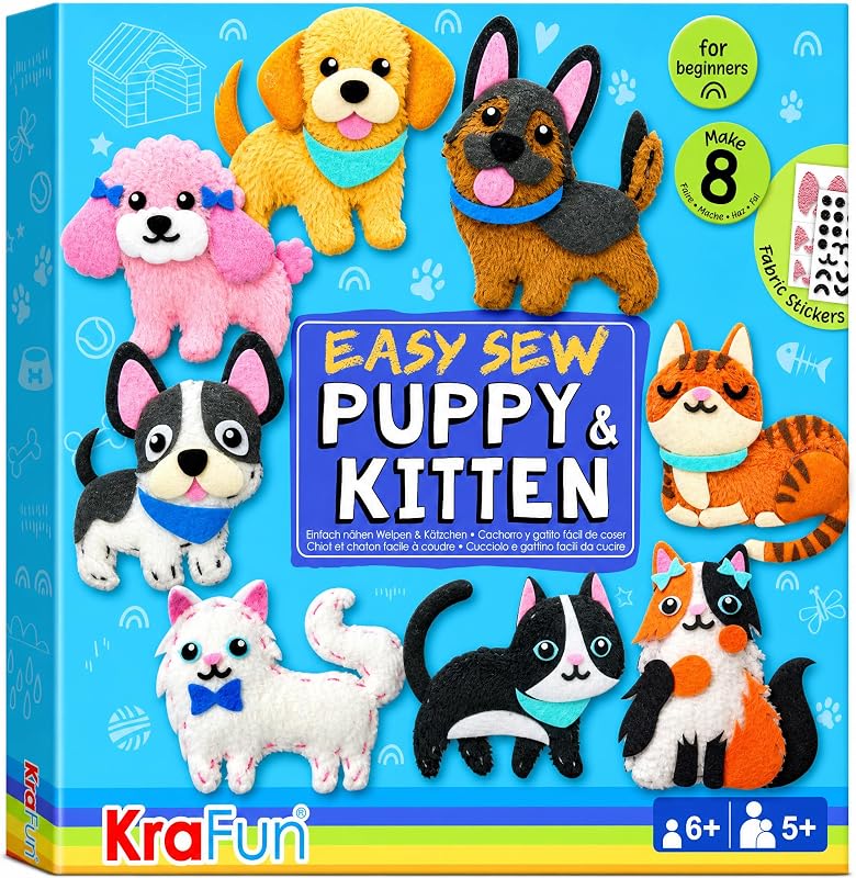 KRAFUN Kit de costura para cachorros y gatitos para niños a partir de 6 años | 8 muñecas | Cose 8 muñecos de peluche de perros y gatos. Instrucciones y fieltro incluidos. Gran regalo para principiantes para niñas y niños que aprenden a coser.