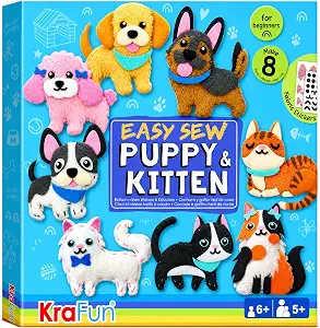 KRAFUN Puppy & Kitten Sewing Kit for Kids Ages 6+ | 8 Dolls