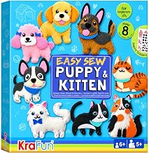 KRAFUN Sewing Kit for Puppies & Kittens from 5 Years, 8 Projects | 8 x plush dog and cat dolls Felt, embroidery supplies and instructions included