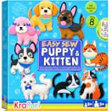 KRAFUN Easy Sewing Kit for Beginner Kids Arts & Crafts, 8 Easy DIY Projects of Stuffed Animal Dolls of Puppies & Kittens, Dogs and Cats, Instructions & Felt, Gift for Girls, Boys, Learn to Sew