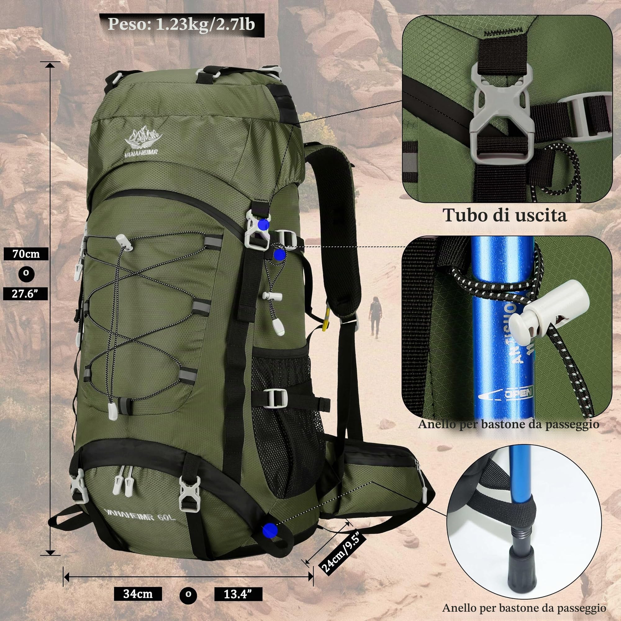 Zaino da viaggio da 60 l, per escursionismo, campeggio, con copertura antipioggia, impermeabile, zaino da arrampicata per uomo e donna