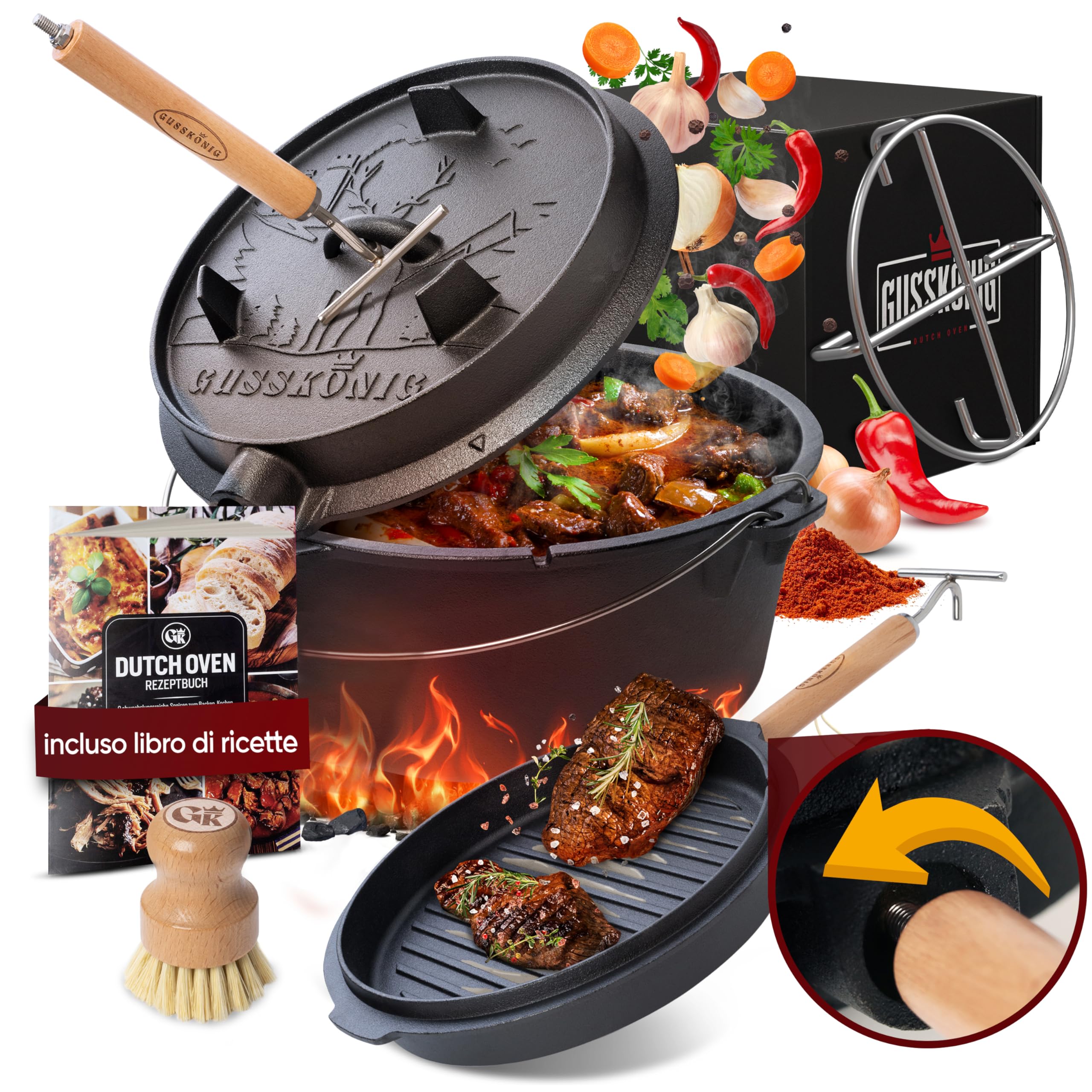 GUSSKÖNIG Set di pentole in ghisa con coperchio- 7 Litri-senza piedini -Teglia per il pane in ghisa-Incluso sollevatore del coperchio 2in1,spazzola e ricettario per il forno olandese [per3-5 persone]