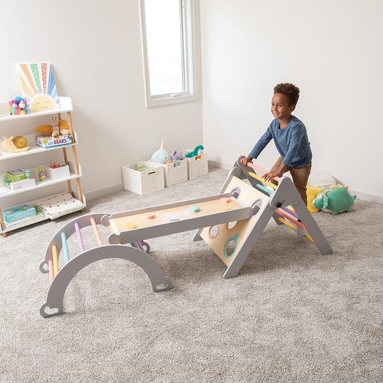 MindWare Oh So Fun! Deluxe Wooden Montessori Toddler Climbing Set with Pikler Triangle, Ramp, Slide, Arch & Bean Bag Toss