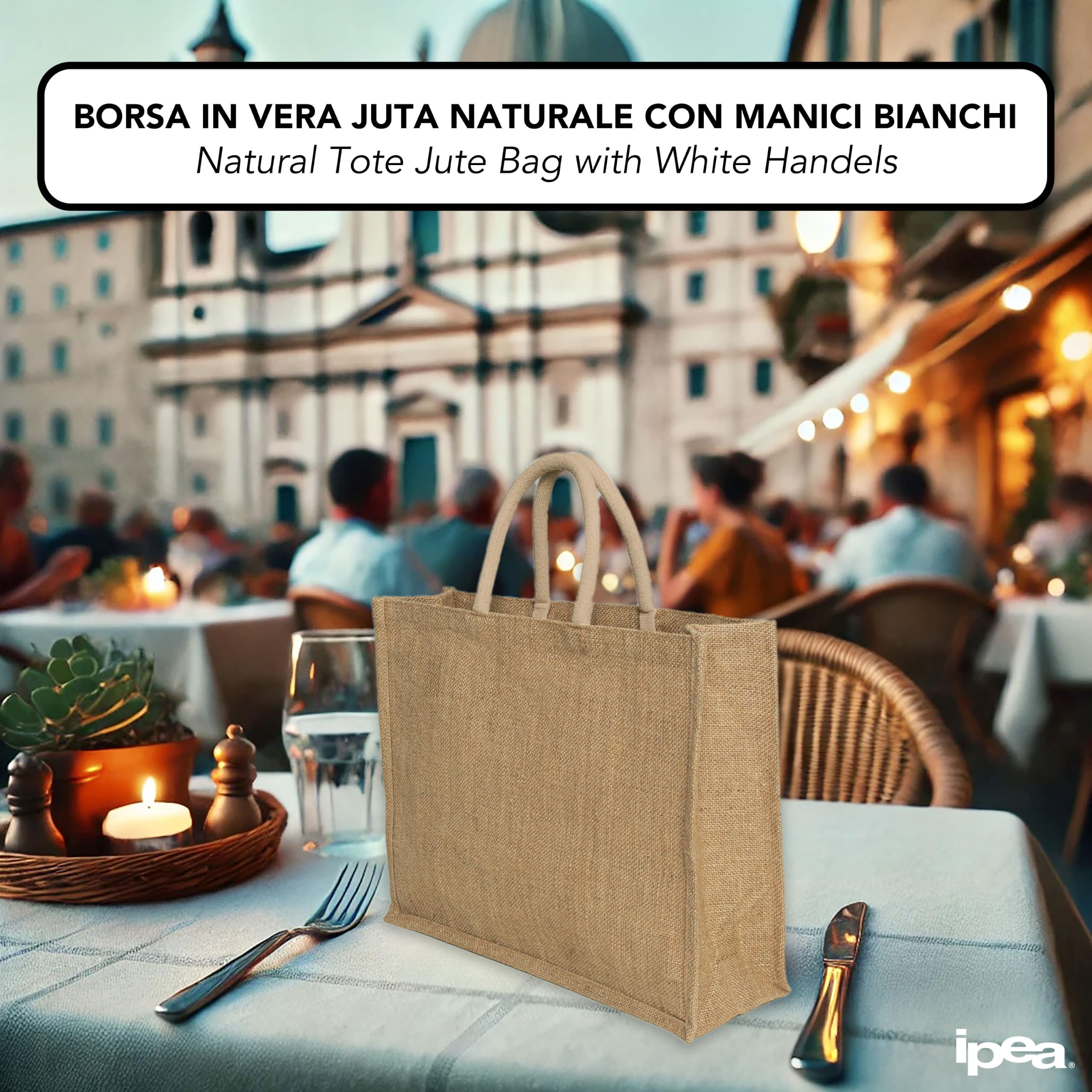 IPEA 2 x naturalna torba z juty z drewnianymi uchwytami na zakupy, zakupy i wypoczynek - 2 sztuki - Torba na zakupy z prawdziwej juty - torba na wieczór, morze, plażę, wyjścia - Elegancki design retro