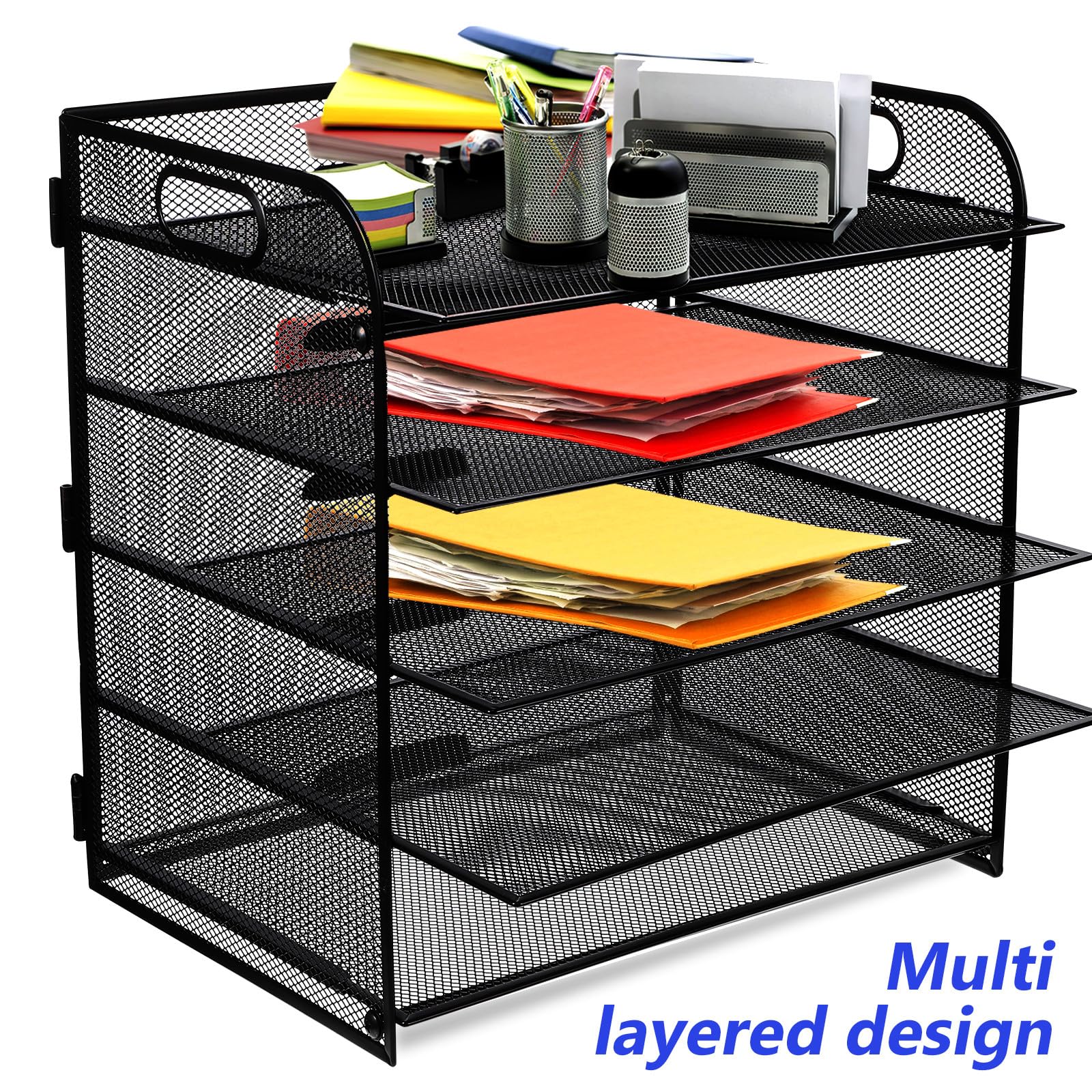 INOOMP Organizer per Scrivania in Acciaio al Carbonio Nero a 5 Livelli Rete, Porta Documenti da Tavolo Facile da Usare per Ufficio e Desktop
