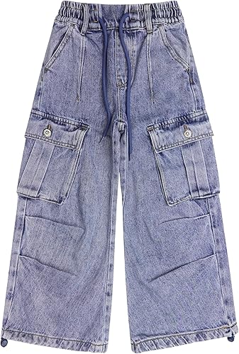 KIDSCOOL SPACE 6-Pocket Girls Wide-Leg Denim Pants, 5-14T Ribbed Waist with D-Ri