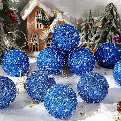 Vista 28 de Lyrow Juego de 24 adornos de bolas de Navidad con purpurina de 4 pulgadas, bolas de Navidad a granel, adornos colgantes de espuma de lentejuelas