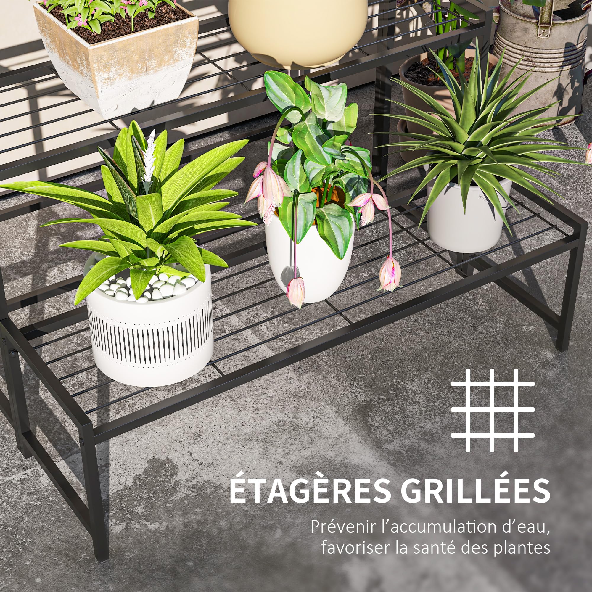 Outsunny Étagère à Fleurs en métal 3 Niveaux Jardin 75 x 70 x 66 cm Noir | Intérieur et Extérieur, Support de Plantes en Échelle, Étagère à Plantes, Balcon, Salon
