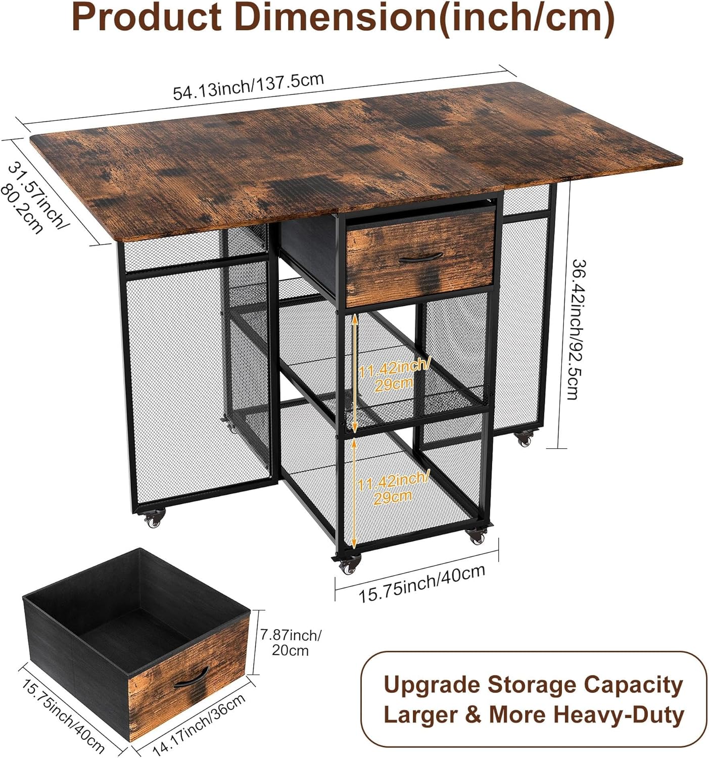 TQVAI Drop Leaf Folding Dining Table 4-6 People Large Heavy Duty Foldable Kitchen Tables with 2 Drawers 6 Wheels 2-Layer Storage Shelf for Small Space Dinging Room Patio Outdoor Camping, Black/Antique