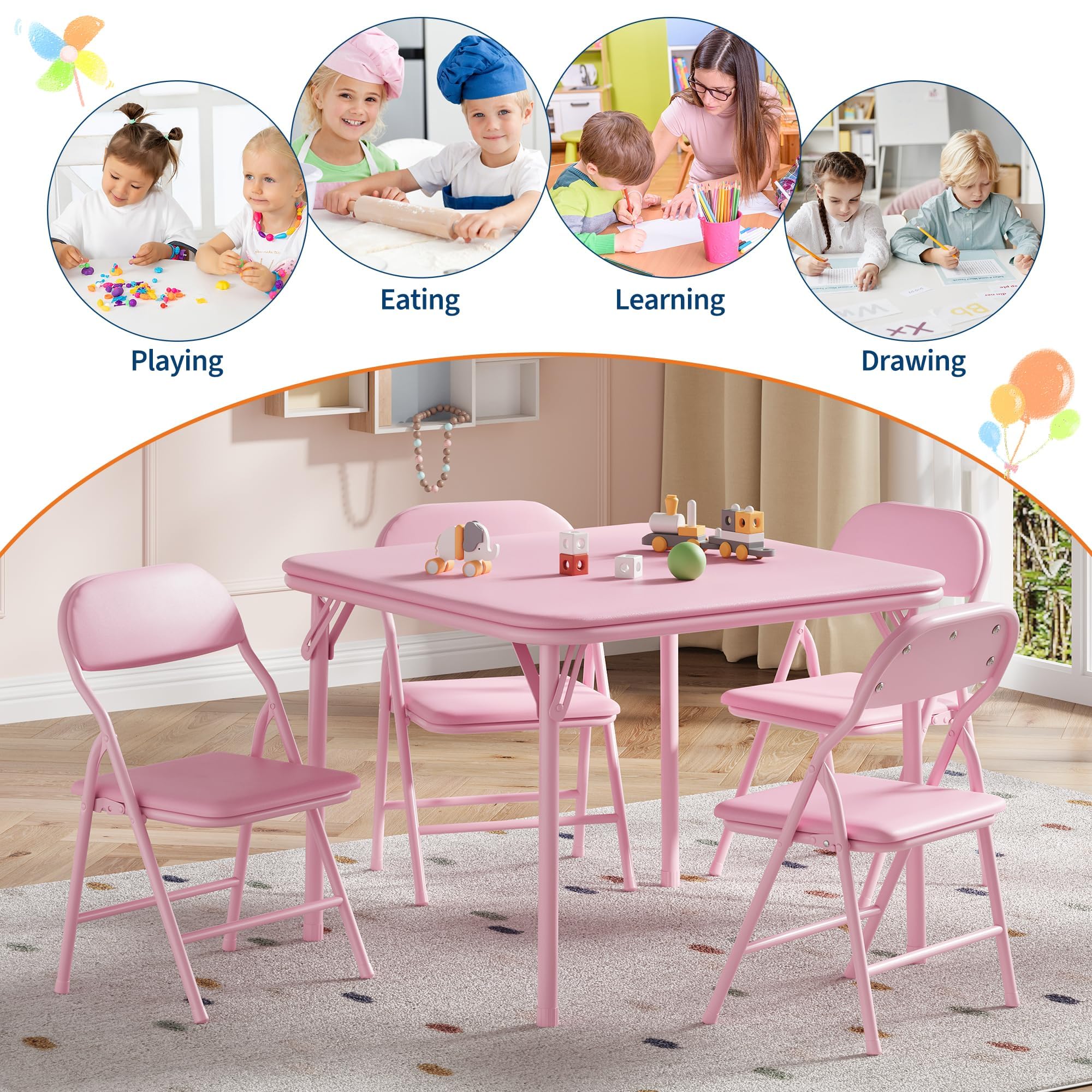 Faltbares Kinder Tisch- und Stuhlset, quadratisch – 1 Tisch + 4 Klappstühle, PU-Leder Oberfläche, gepolsterte Sitzkissen, leicht für Essen/Basteln/Lernen – Rosa, 1+4